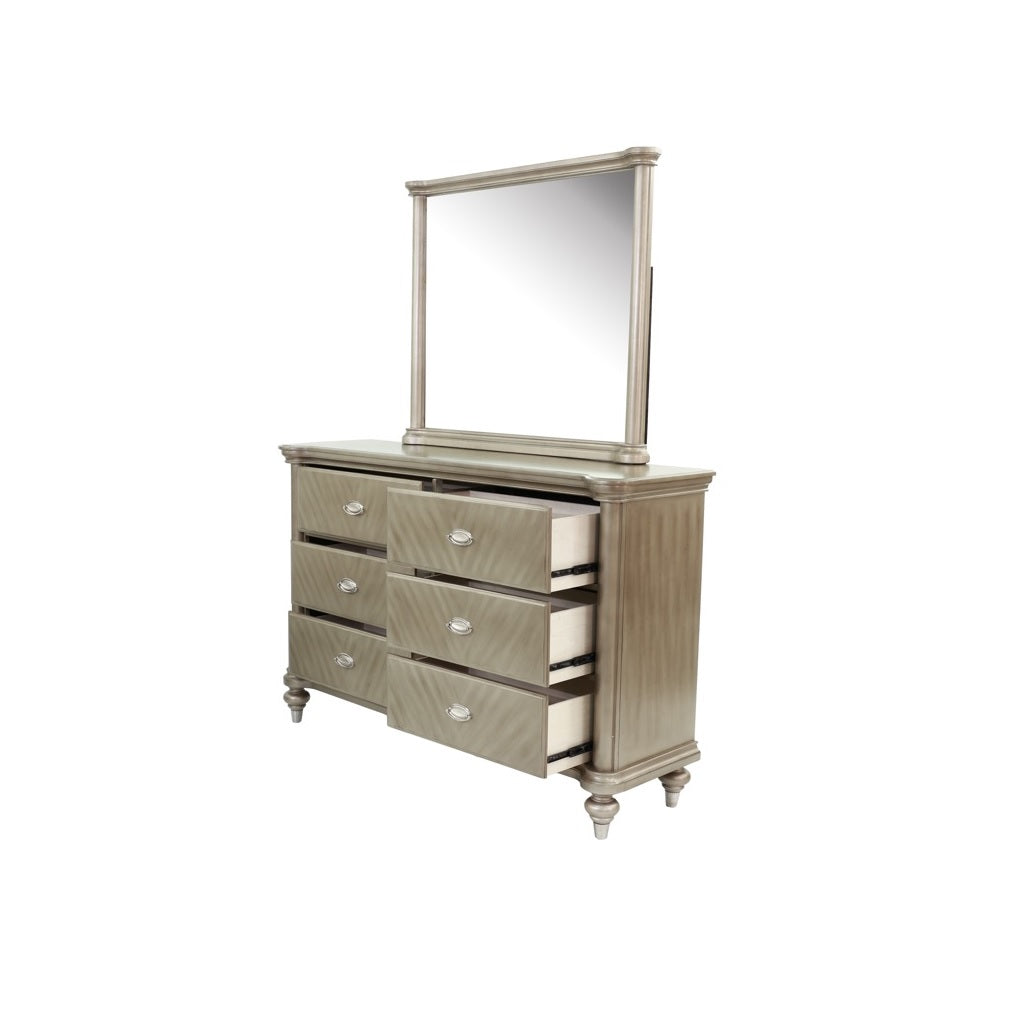 Luxury Antique Silver Champagne Finish Dresser W Mirror Storage Space Drawers Bedroom Furniture Antique Silver Bedroom Contemporary,Industrial,Modern,Transitional Rubberwood Solid Wood