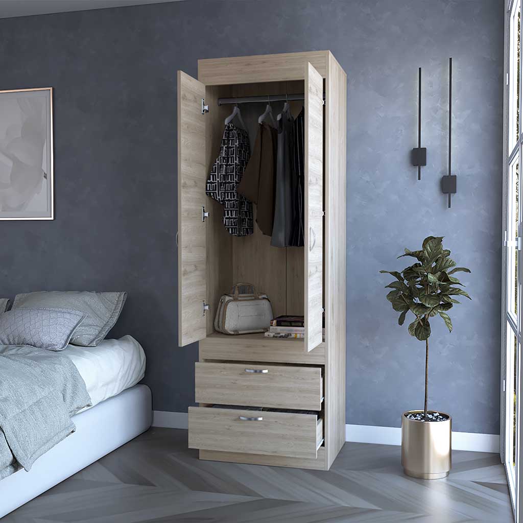 Alabama Armoire, One Large Cabinet, Two Drawers Light Gray Bedroom Contemporary Pine Melamine Engineered Wood