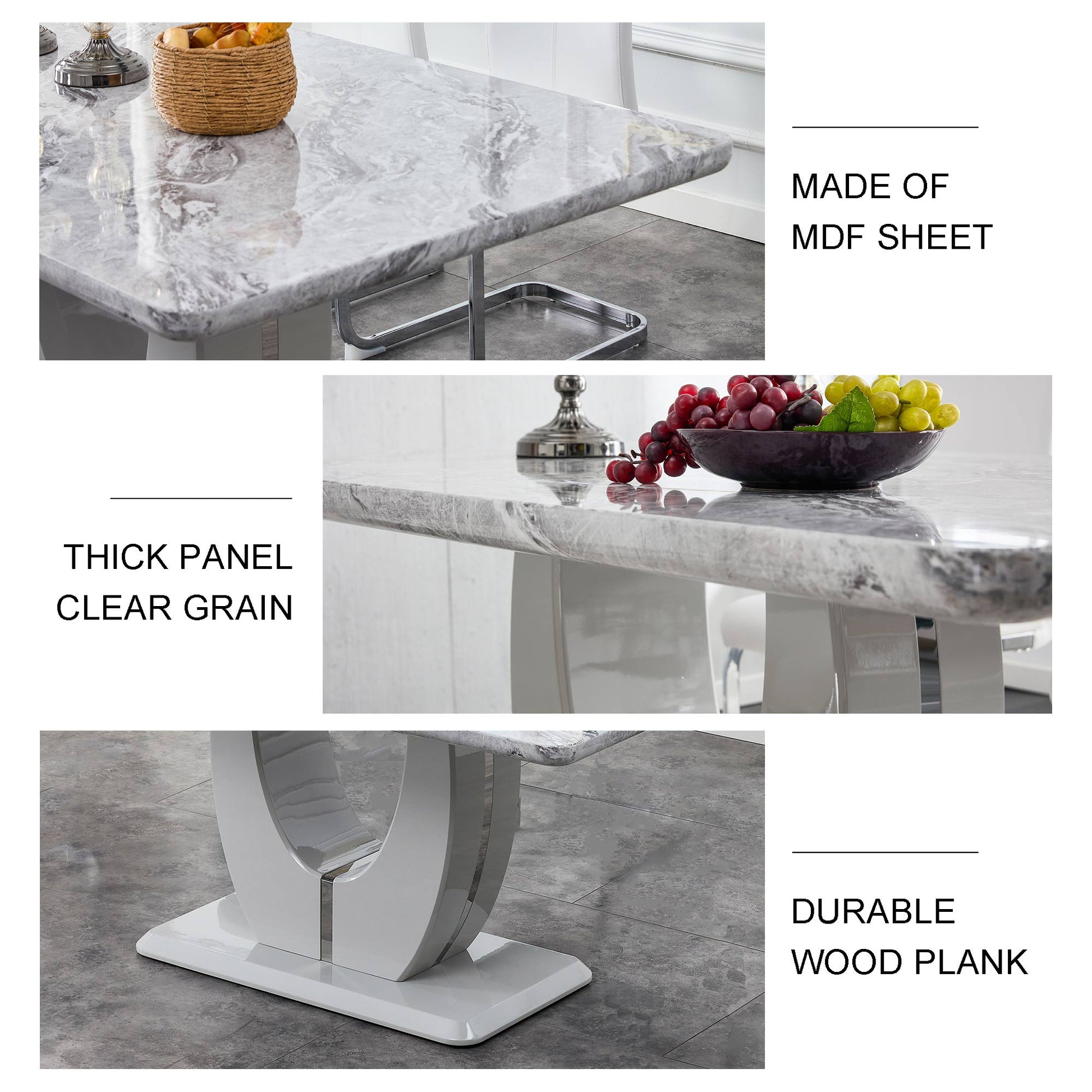 Table And Chair Set, Modern Minimalist Marble Textured Rectangular Dining Table. Suitable For Restaurants And Living Rooms. Soft Cushion Seats.F 1280 Gray Mdf