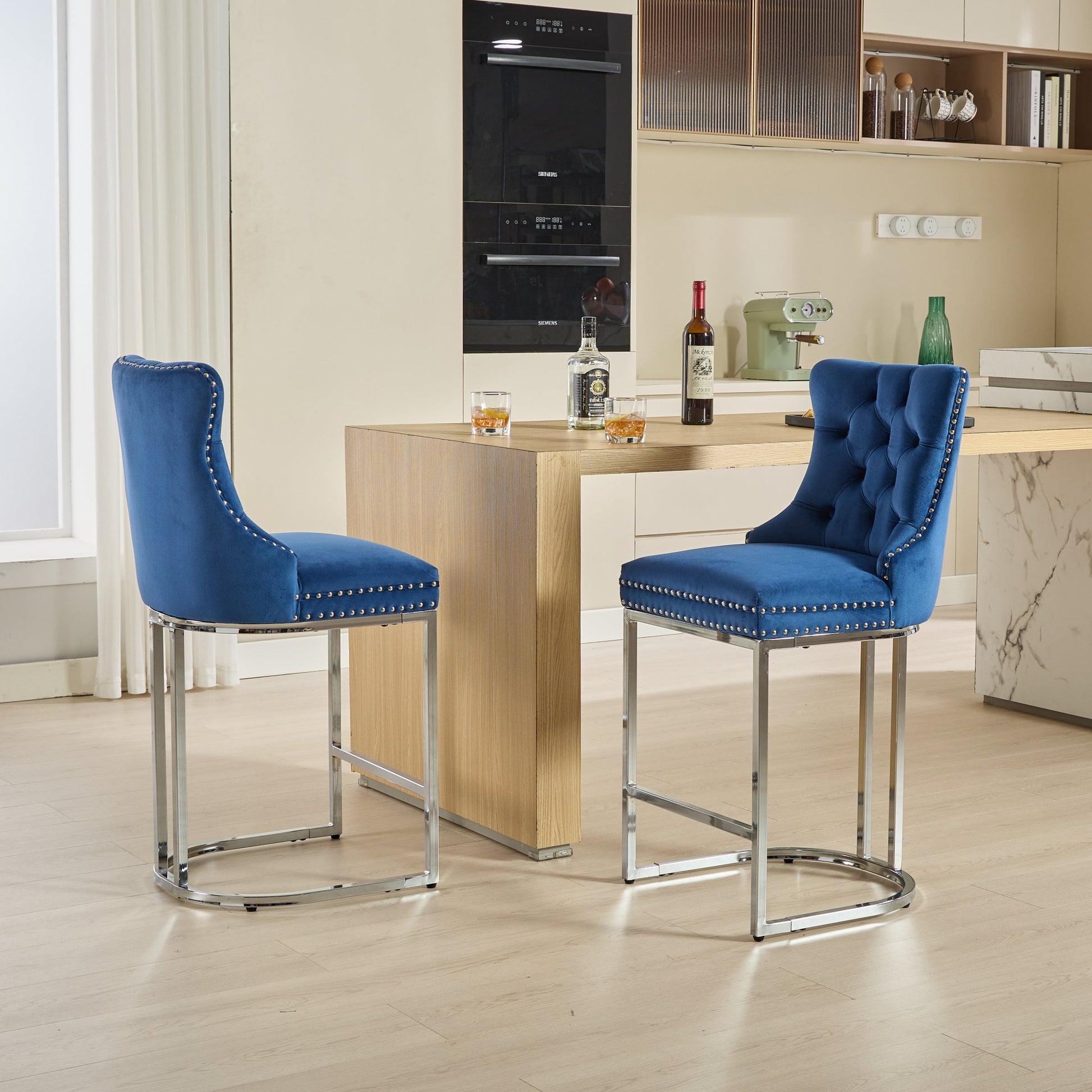 25" Counter Height Bar Stools Set Of 2, Modern Velvet Barstools With Button Back&Rivet Trim Upholstered Kitchen Island Chairs With Sturdy Chromed Metal Base Legs Farmhouse Bar Stools, Blue,2 Pack