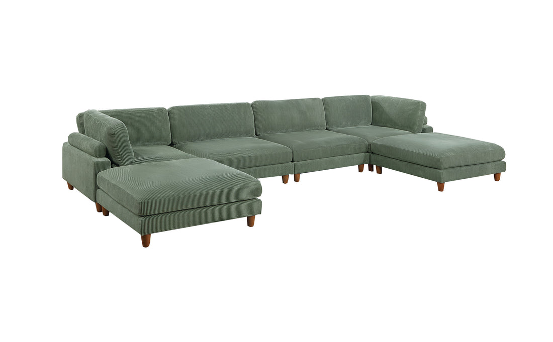 Contemporary Sage Color 6Pc Modular Sectional Set Corduroy Upholstery Couch 2X Corner Wedge, 2X Armless Chairs 2X Ottomans Living Room Sage Primary Living Space Cushion Back Contemporary,Modern Modular Rubberwood Corduroy 6 Seat