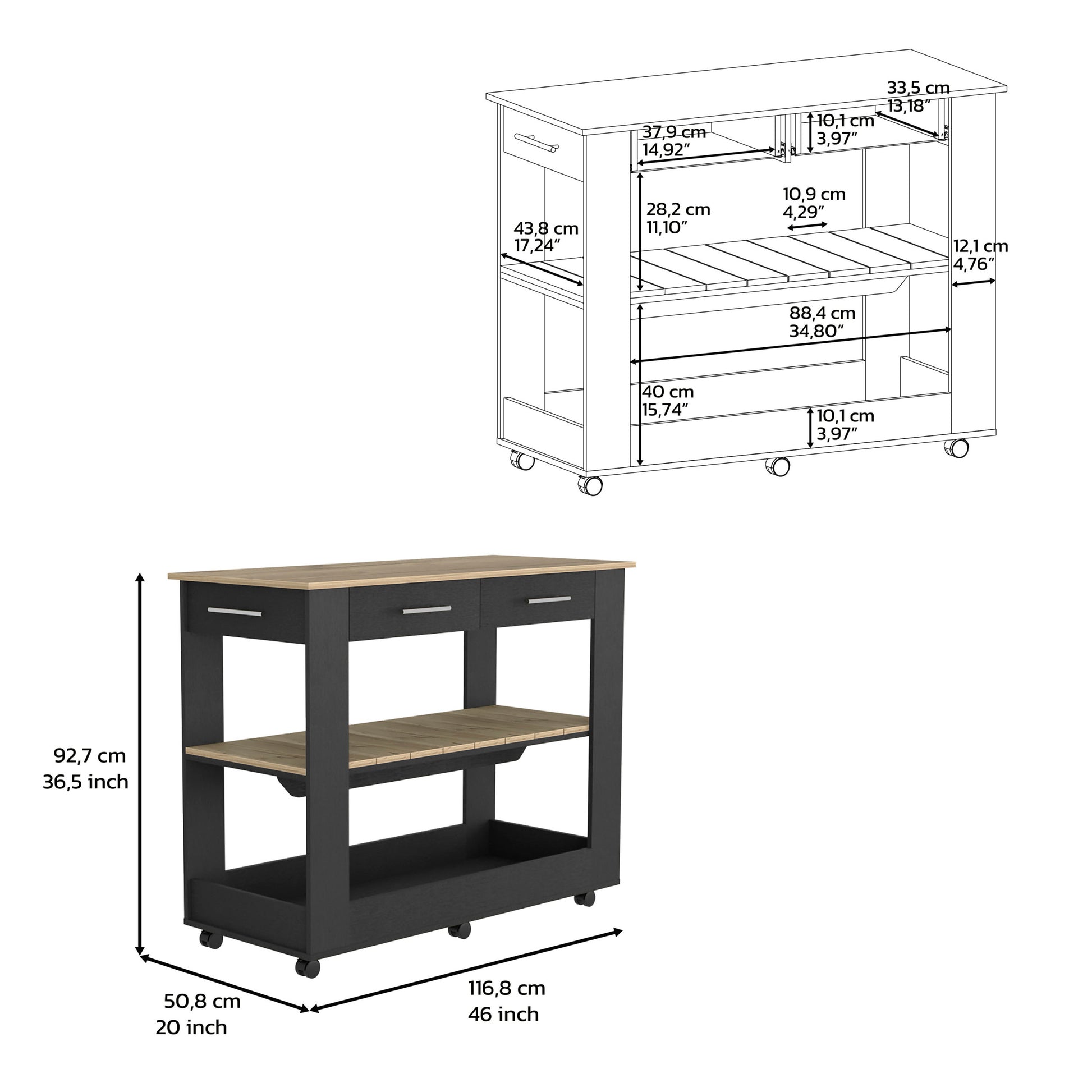 Kitchen Island 36" H, Six Casters, Two Drawers, Two Open Storage Shelves, Towel Hanger, Black Light Oak Multicolor Particle Board Particle Board