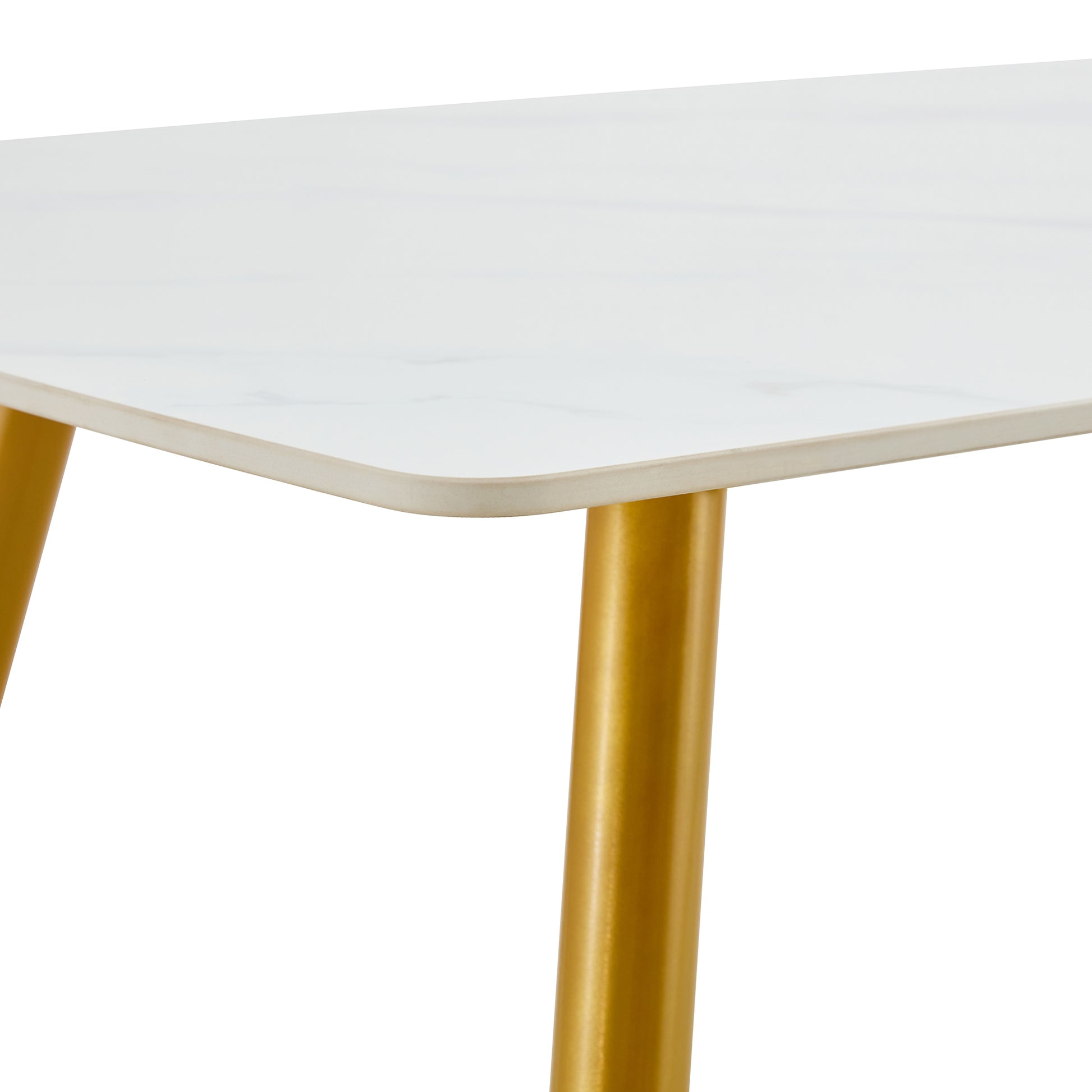 Modern Minimalist Dining Table. White Imitation Marble Pattern Sintered Stone Desktop With Golden Metal Legs.62"*34.6"*29.9" F 001 Gold Sintered Stone