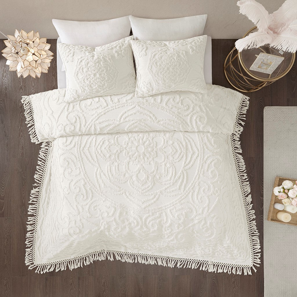 Tufted Cotton Chenille Medallion Fringe Coverlet Mini Set Off White King Cal King King Off White Cotton