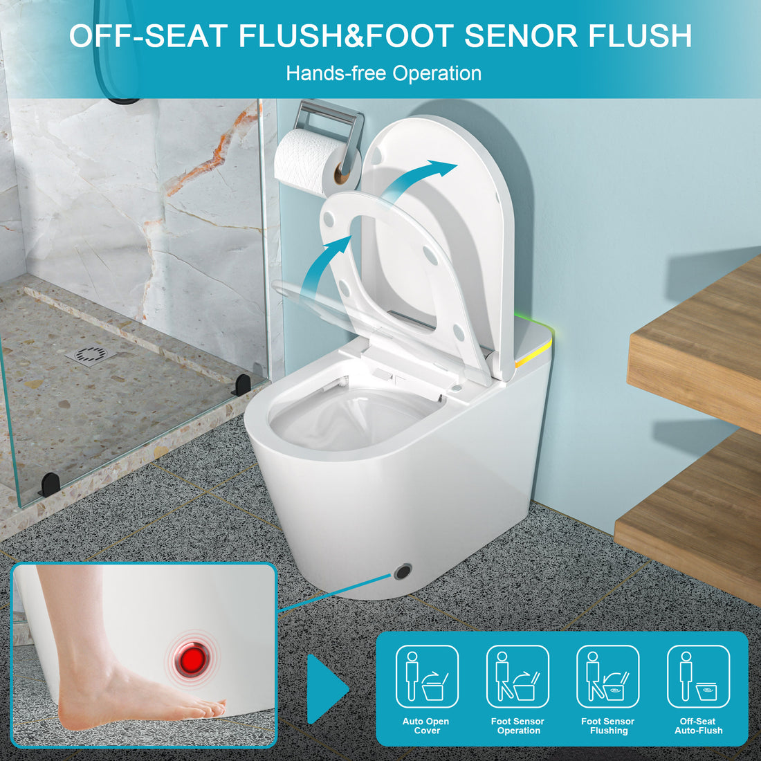 Smart Toilet With Bidet Built In, Auto Open & Close, Elongated Heated Seat, Foot Sensor Flush, Led Display, Warm Water Wash, Dryer, Night Light White Ceramic