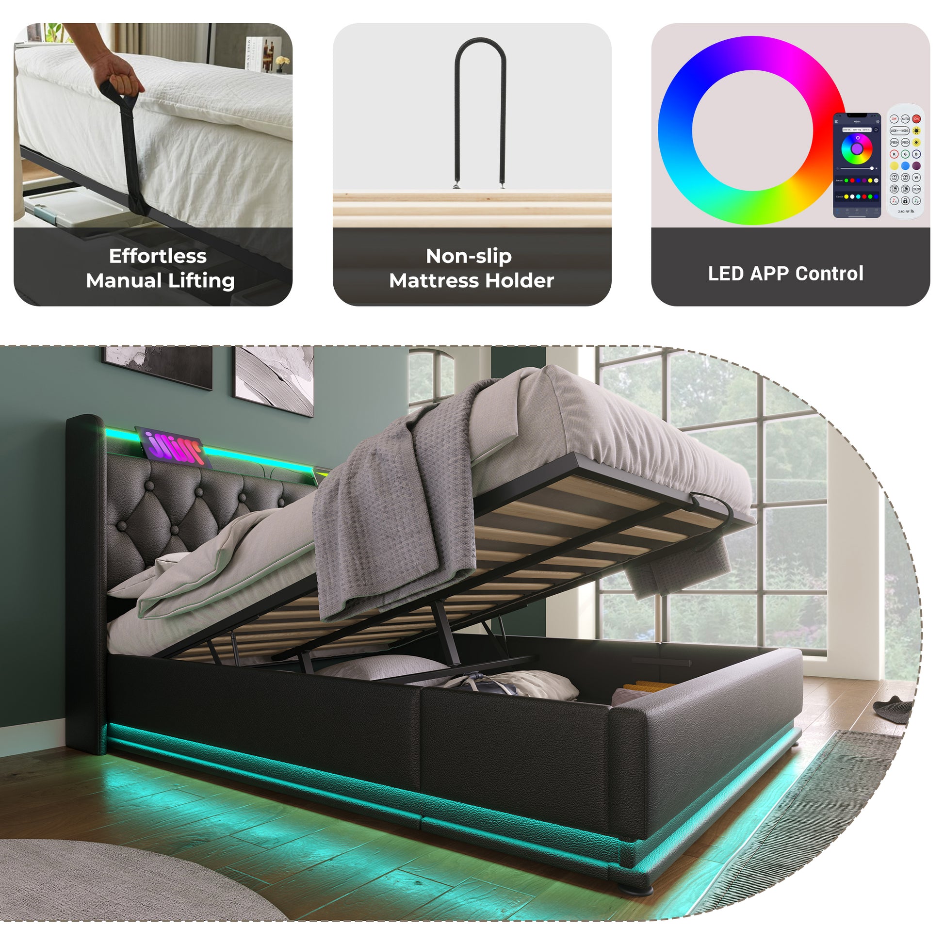 Full Size Upholstered Bed, 360 Surround Led Function, Buttons Apps Remote Control, Hydraulic Storage Bed With Usb Type C Charging, Black,Pu Without Mattress Full Black Pu