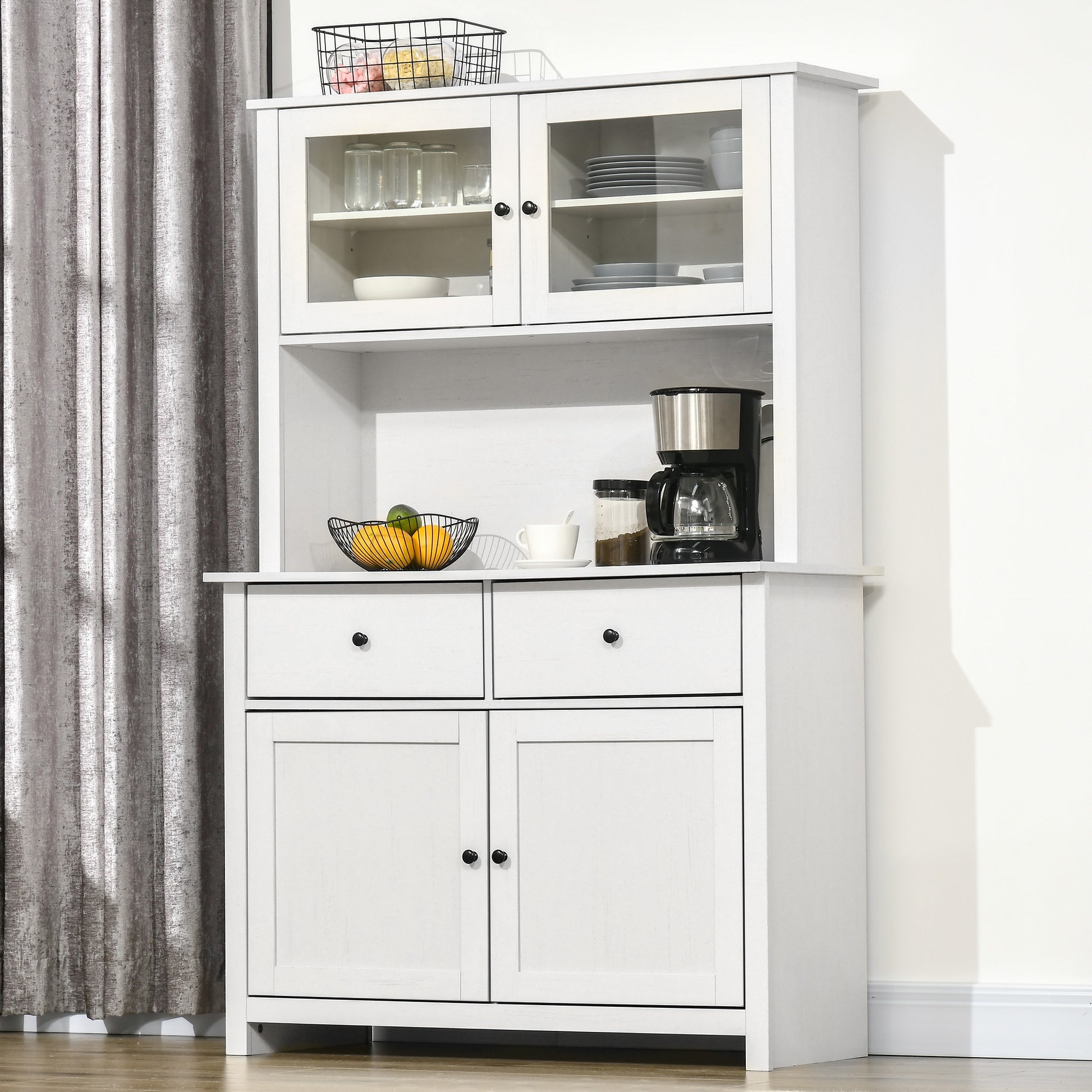 Homcom 63.5" Kitchen Buffet With Hutch, Pantry Storage Cabinet With 4 Shelves, Drawers, Framed Glass Doors, Open Microwave Countertop, Antique White Antique White Wood