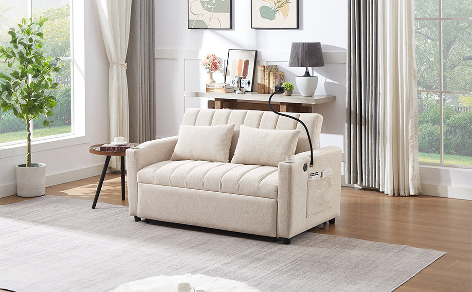 55.9" Convertible Sofa Bed Loveseat Sofa With Three Usb Ports, Two Side Pockets, Two Cup Holders And 360 Swivel Phone Holder For Living Room, Beige Beige Foam Polyester