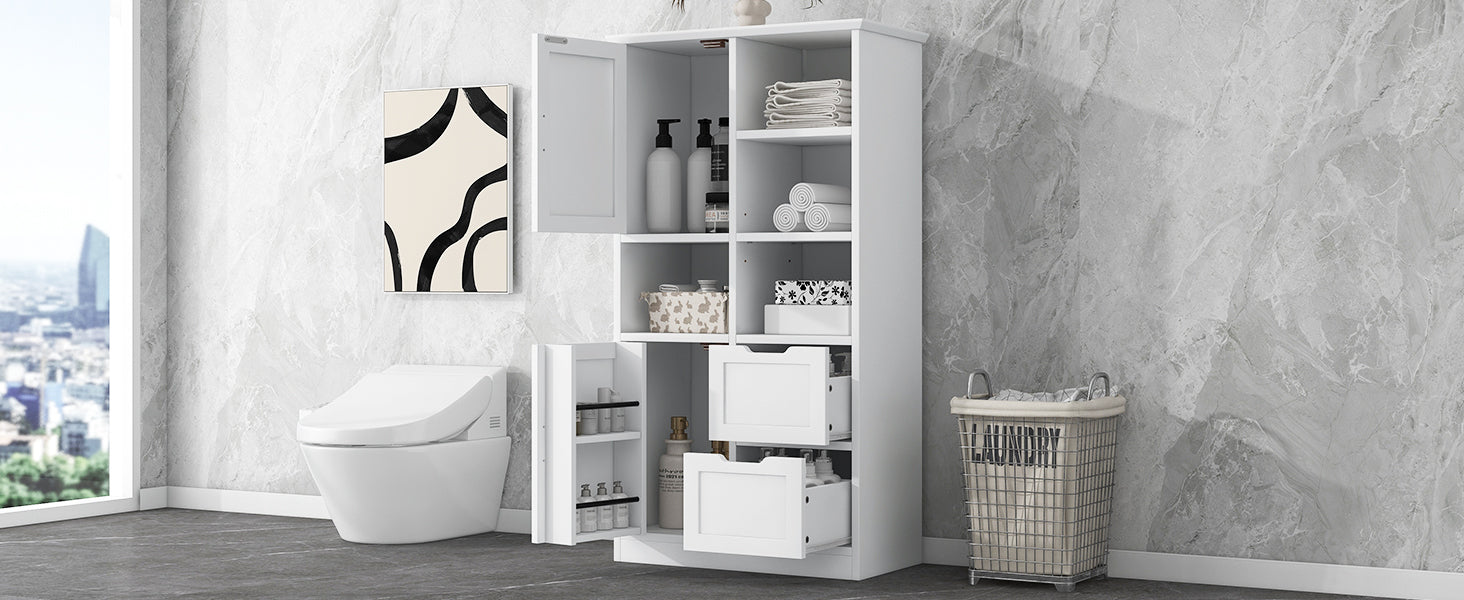 Bathroom Storage Cabinet With Doors And Drawers, Multiple Storage Space, Freestanding Style, Open Shelve, Adjustable Shelf, White White Mdf