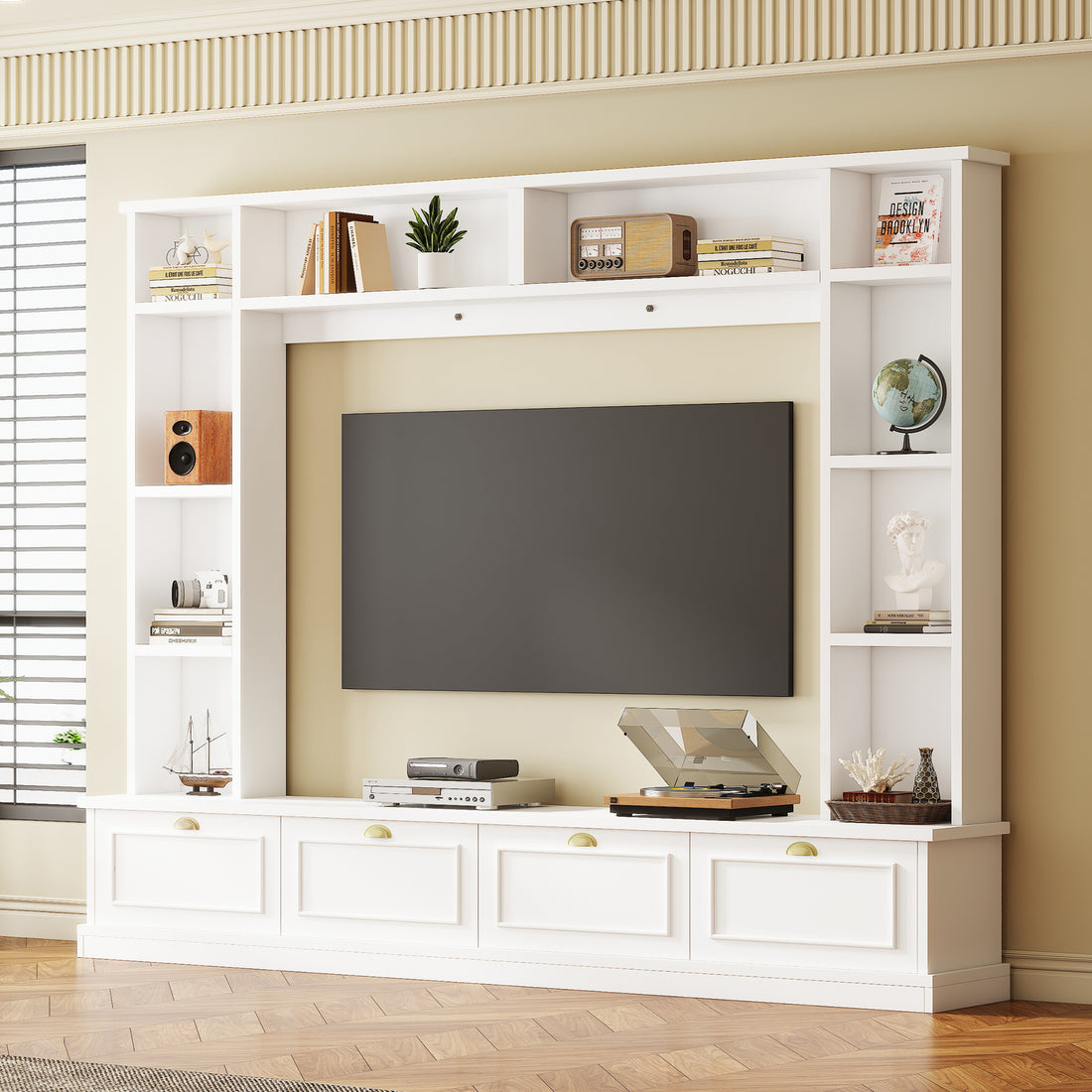 Large Wall Unit Entertainment Center With Bookshelves For Tvs Up To 78'', Modern Tv Console With Cabinets And Open Shelves, 4 In 1 Tv Stand With Golden Handles, White, 104.2''W*81.2''H White 70 79 Inches Mdf