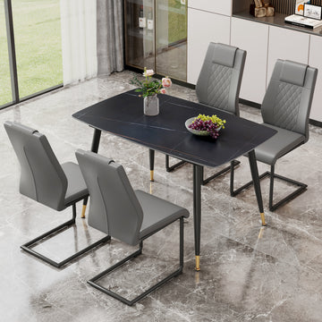 Table And Chair Set. Large Modern Rectangular Table With Black Textured Top And Black Metal Legs. Soft And Comfortable Pu Seats, Faux Leather Upholstered Seats And Sturdy Metal Legs. Grey Black Seats 4 Sintered Stone