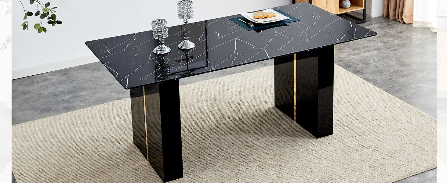 Large Modern Rectangular Table With 0.39 "Black Patterned Top And Large Mdf Legs, Suitable For Kitchen, Dining And Living Room 71" * 35.4 "* 30" 1546 Black Mdf Glass