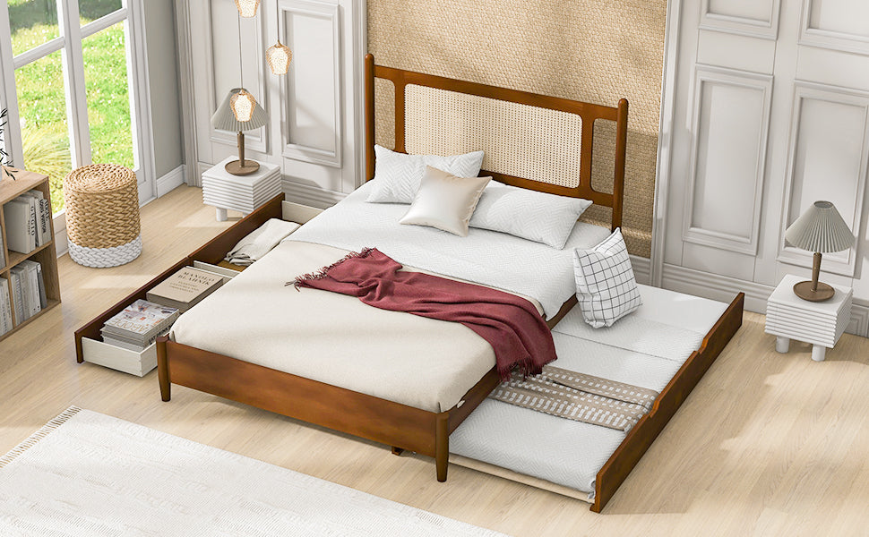 Queen Size Wooden Rattan Platform Bed, With 2 Big Drawers, T Size Trundle, Brown Queen Brown Plywood