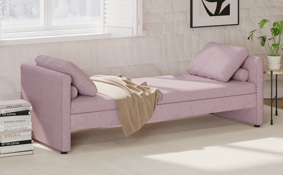 Modern Upholstered Chaise Lounger Daybed With Pillows Small Single Daybed, No Mattress Needed, Perfect For Living Rooms & Home Office,Linen Fabric, Pink Pink Linen