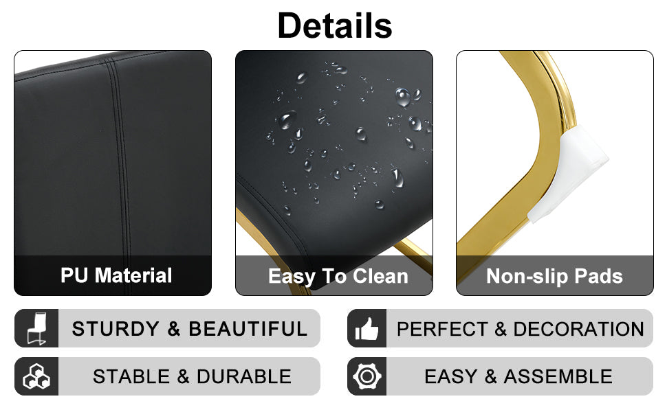 1 Table And 4 Chairs. Modern, Simple And Luxurious Black Imitation Marble Rectangular Dining Table And Desk With 4 Black Pu Gold Plated Leg Chairs 63'' X 35.4'' X 30'' Black Mdf