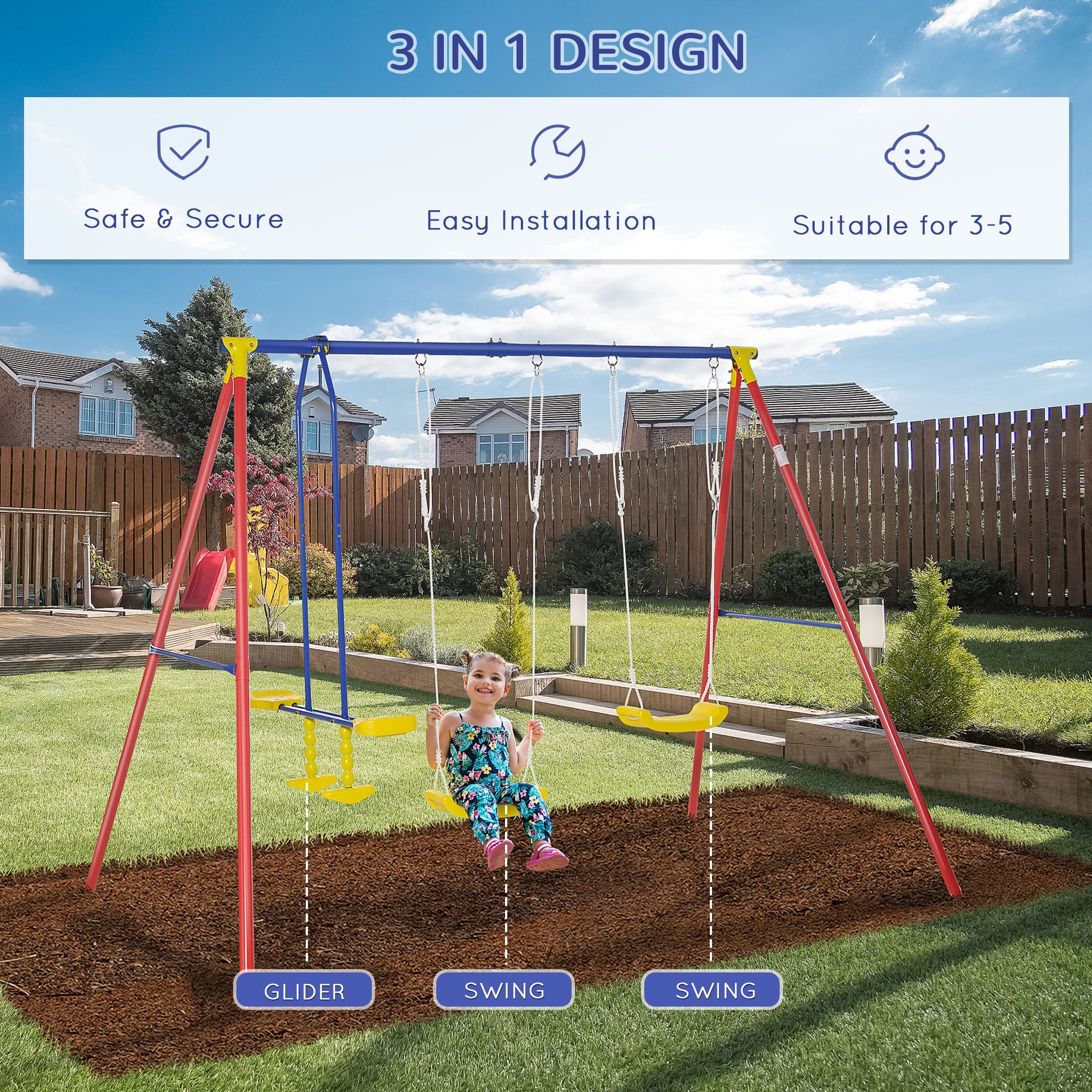 Outsunny Metal Swing Set With Glider, Two Swing Seats And Adjustable H