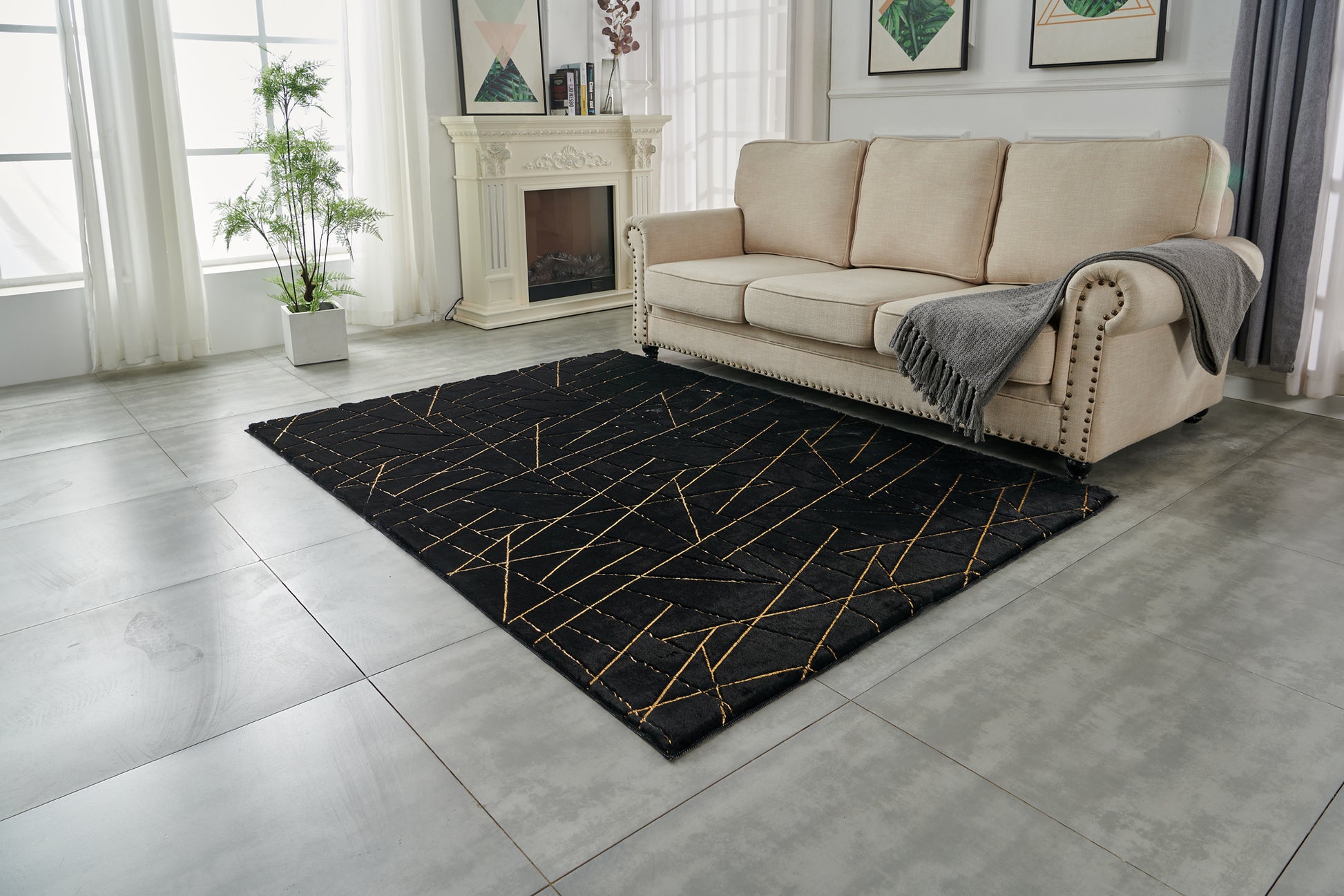 Luxury Machine Washable Black Geometric Abstract Gold Gilded Chinchilla Faux Fur Area Rug Black Gold Polyester