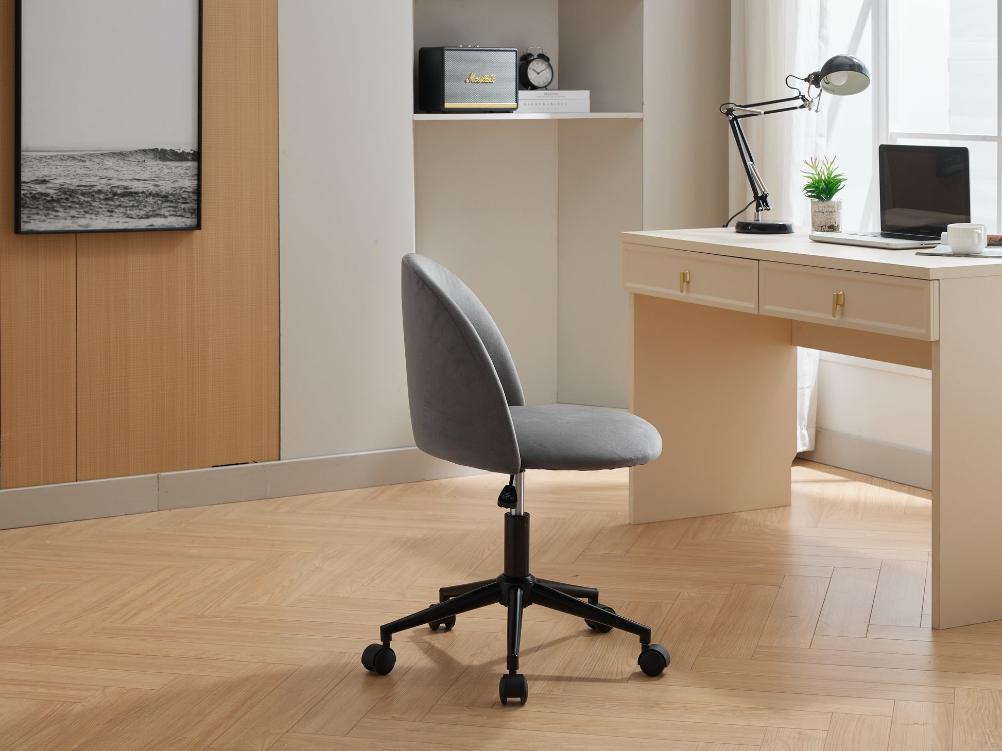 Velvet Fabric Office Chair Desk Chair, Mid Back Adjustable Swivel Computer Chair With Black Legsmodern Upholstered Desk Chair With Wheels Grey Black Foam Polyester Blend