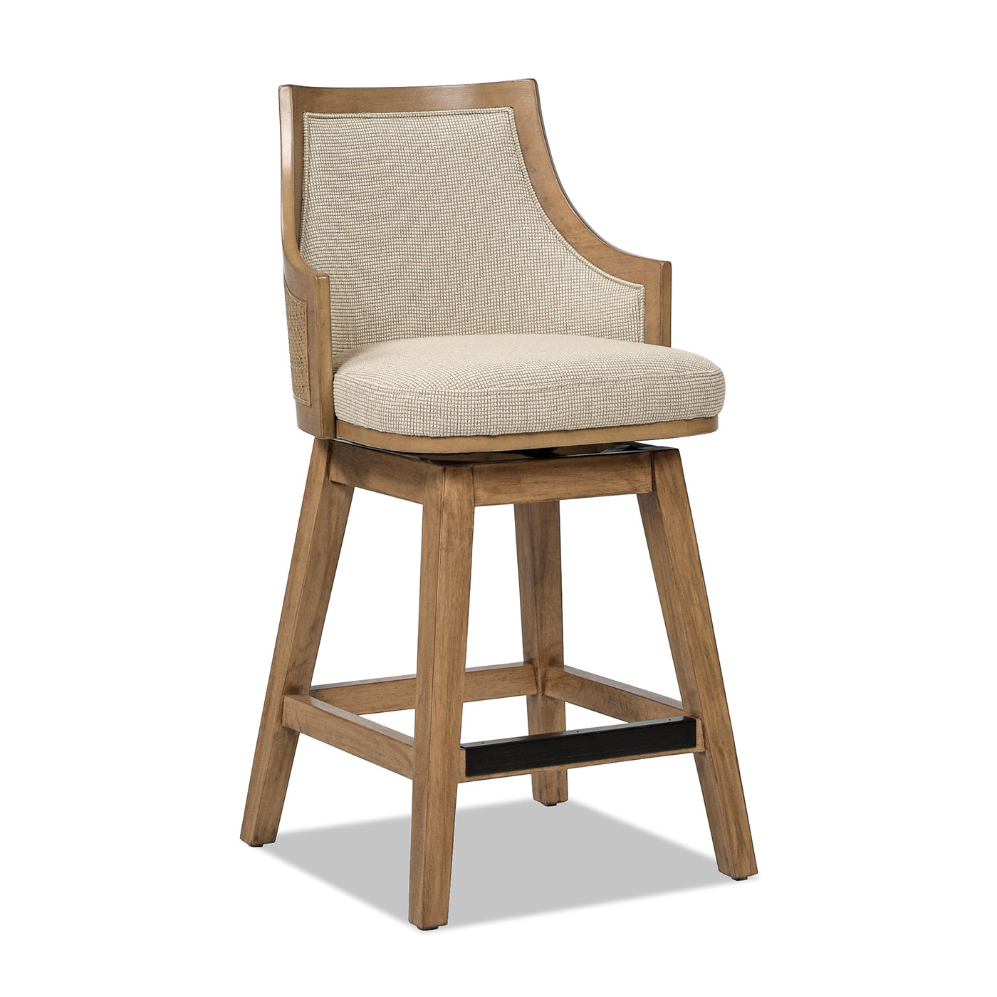 Bahama 26" Cane Rattan High Back Swivel Counter Stool With Recessed Arms, Taupe Beige Textured Weave Beige Foam Wood Fabric Rattan