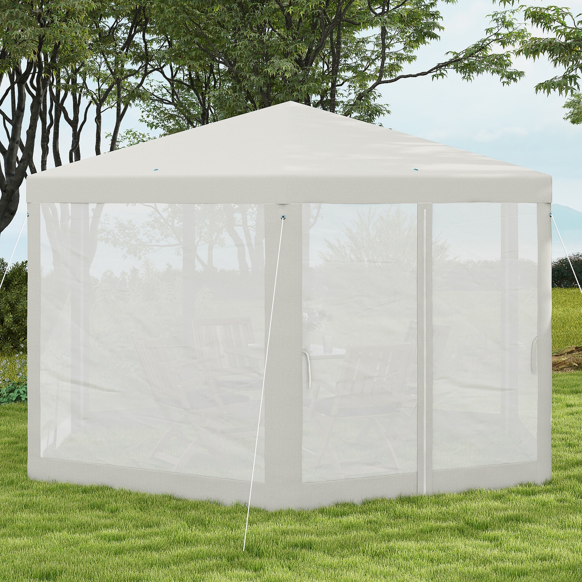 Outsunny 13' X 11' Outdoor Party Tent, Hexagon Sun Shade Shelter Canopy With Protective Mesh Screen Sidewalls, Ropes & Stakes, Cream White White Steel