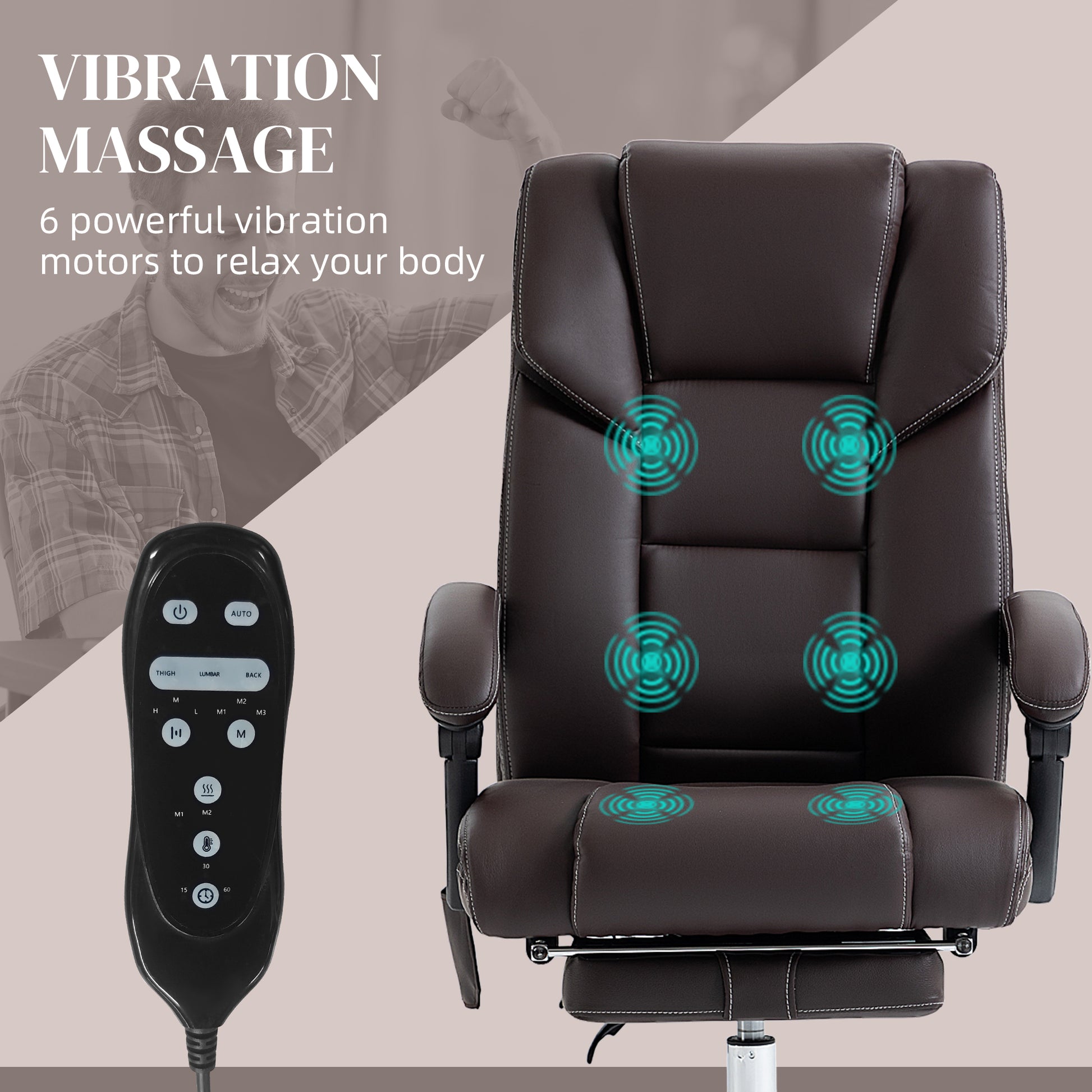 Vinsetto Massage Office Chair With 6 Vibration Points, Lumbar Heated Pu Leather Reclining Computer Chair With Adjustable Height, Footrest, Tilt Function, Brown Brown Pu Leather