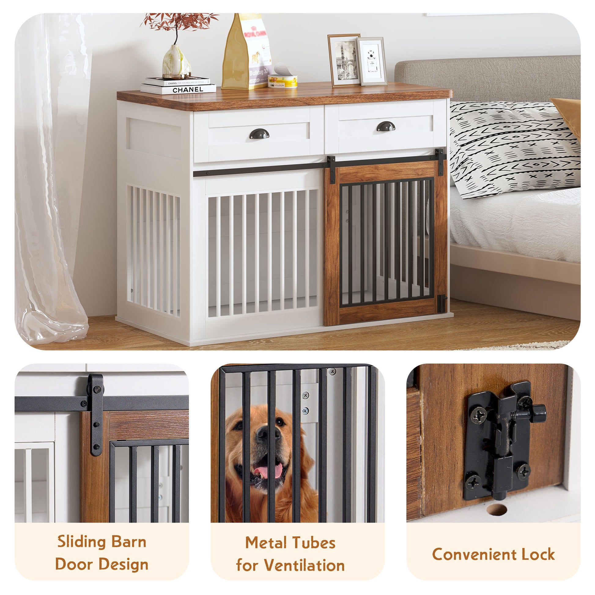 Heavy Duty Furniture Style Dog Cage Wooden Dog Cage Double Door Dog Cage Side Cabinet Dog Cage Dog Crate 44 1 2"W *22 3 4"D *33 1 4"H White Walnut American Design Particle Board