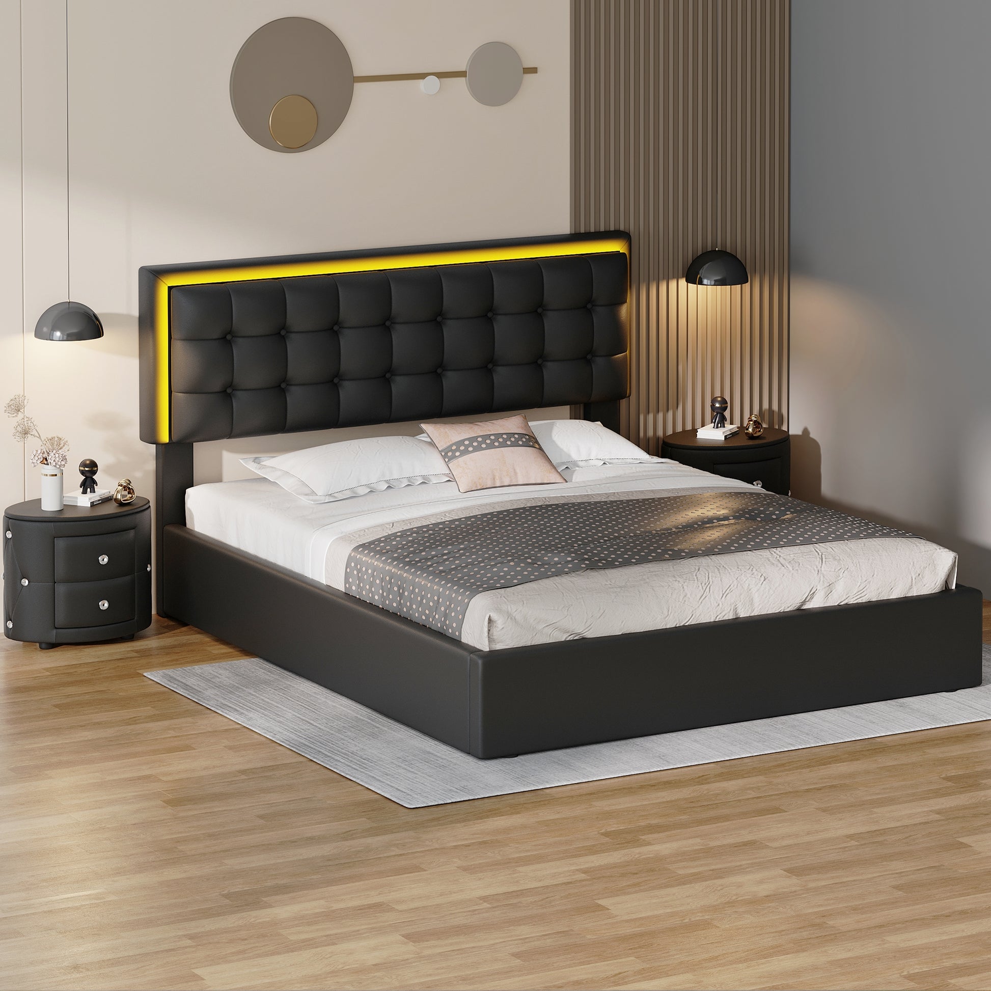 3 Pieces Bedroom Sets,Queen Size Upholstered Bed With Led Lights,Hydraulic Storage System, Two Nightstands With Crystal Decoration,Black Queen Black 3 Piece Set Wood