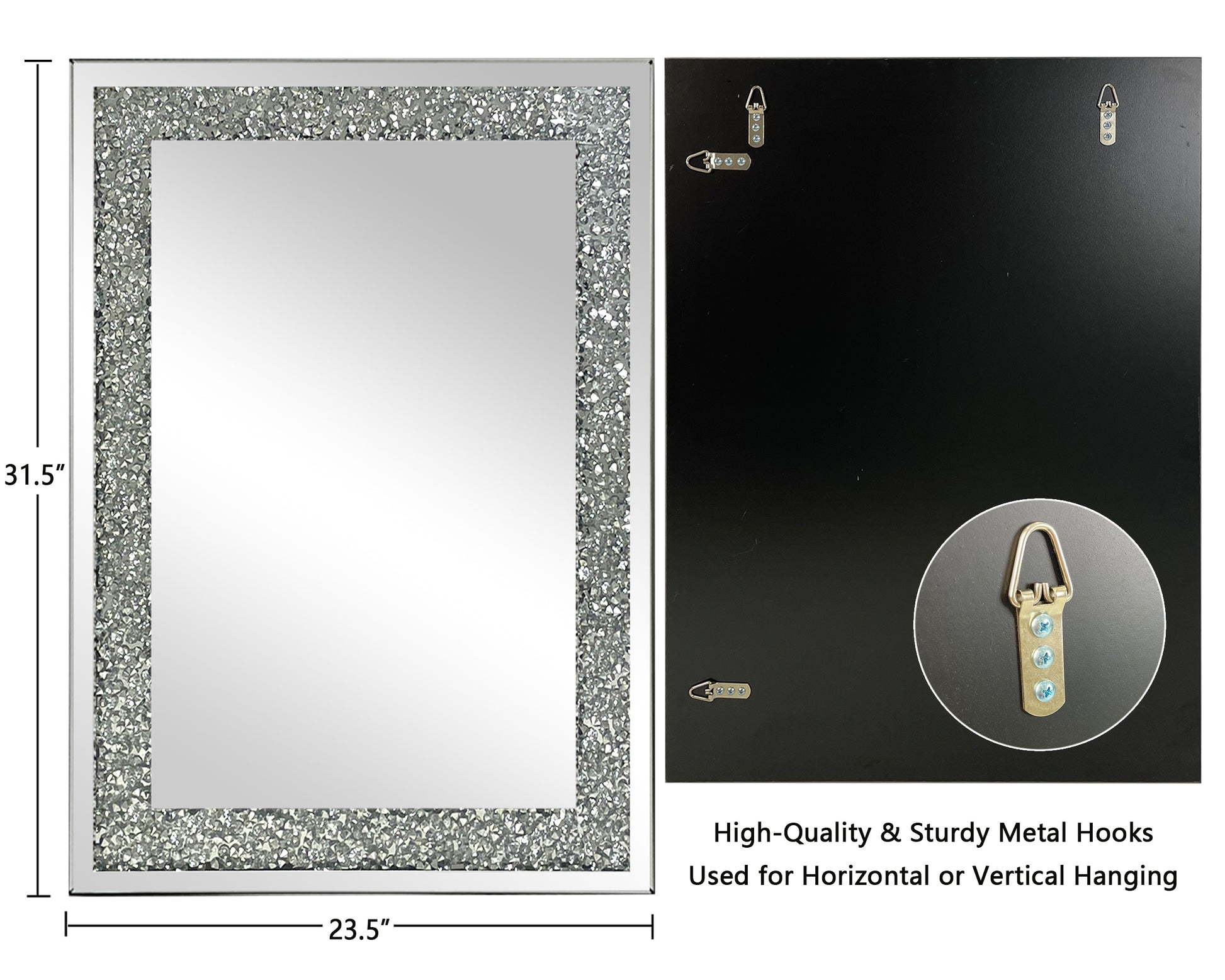 Large Wall Mounted Silver Decorative Rectangular Wall Mirror For Home, Living Room, Bedroom, Entryway 91*61Cm Silver Mdf Glass