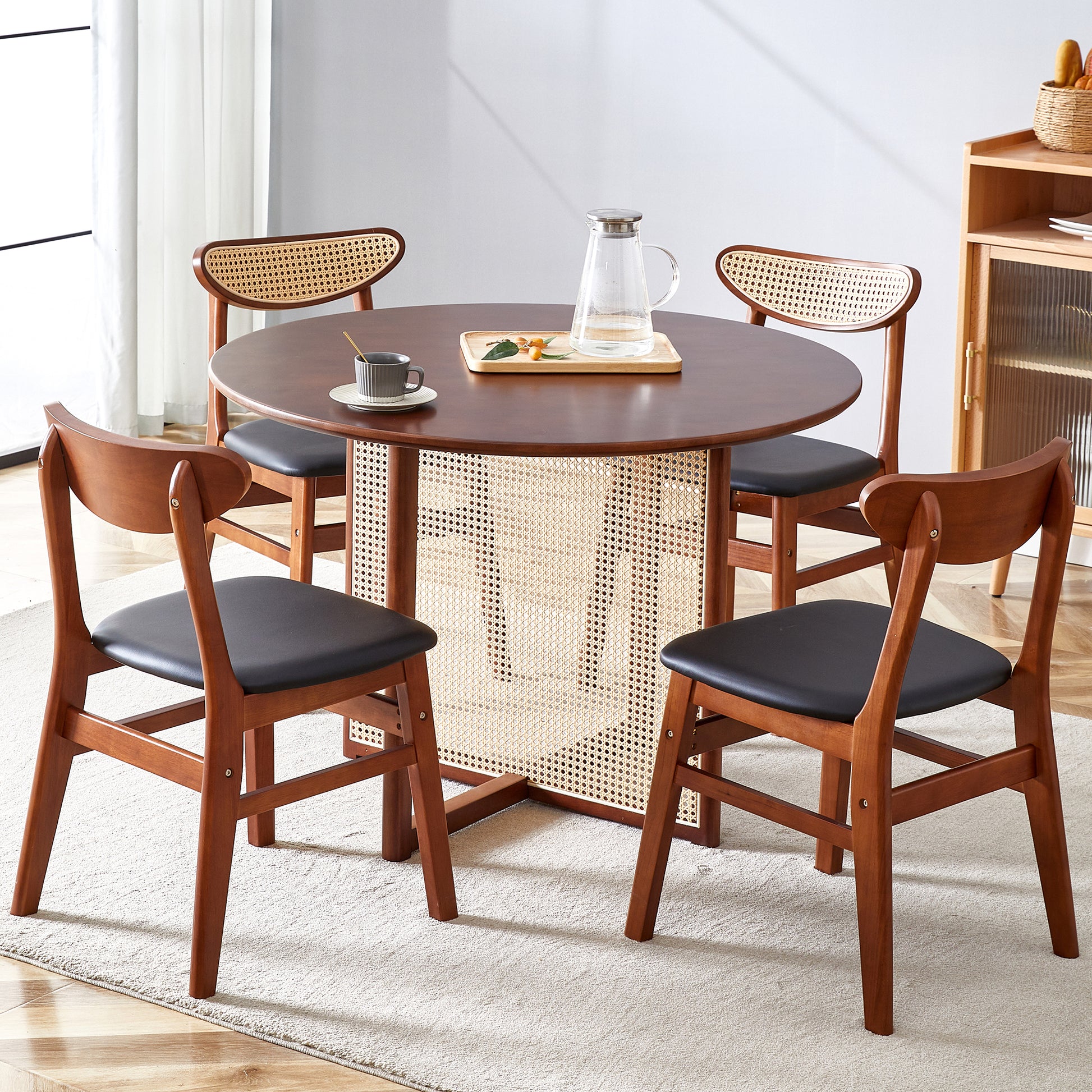 Table And Chair Set, Ancient Style Solid Wood Dining Table, Imitation Rattan Table Legs, Beautiful Simple Solid Wood Dining Chair, Perfect For Dinner, Meetings, Home And Office Decoration Walnut Rubber Wood