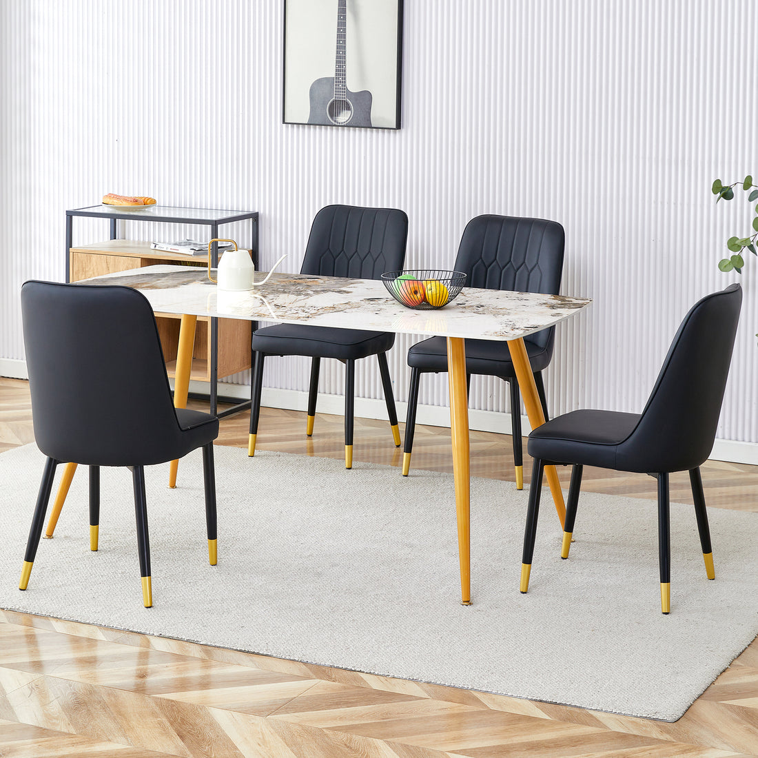 Table And Chair Set.Modern Minimalist Dining Table. White Imitation Marble Pattern Sintered Stone Desktop With Golden Metal Legs.Paried With 4 Comfortable Chairs With Pu Seats And Black Metal Legs.