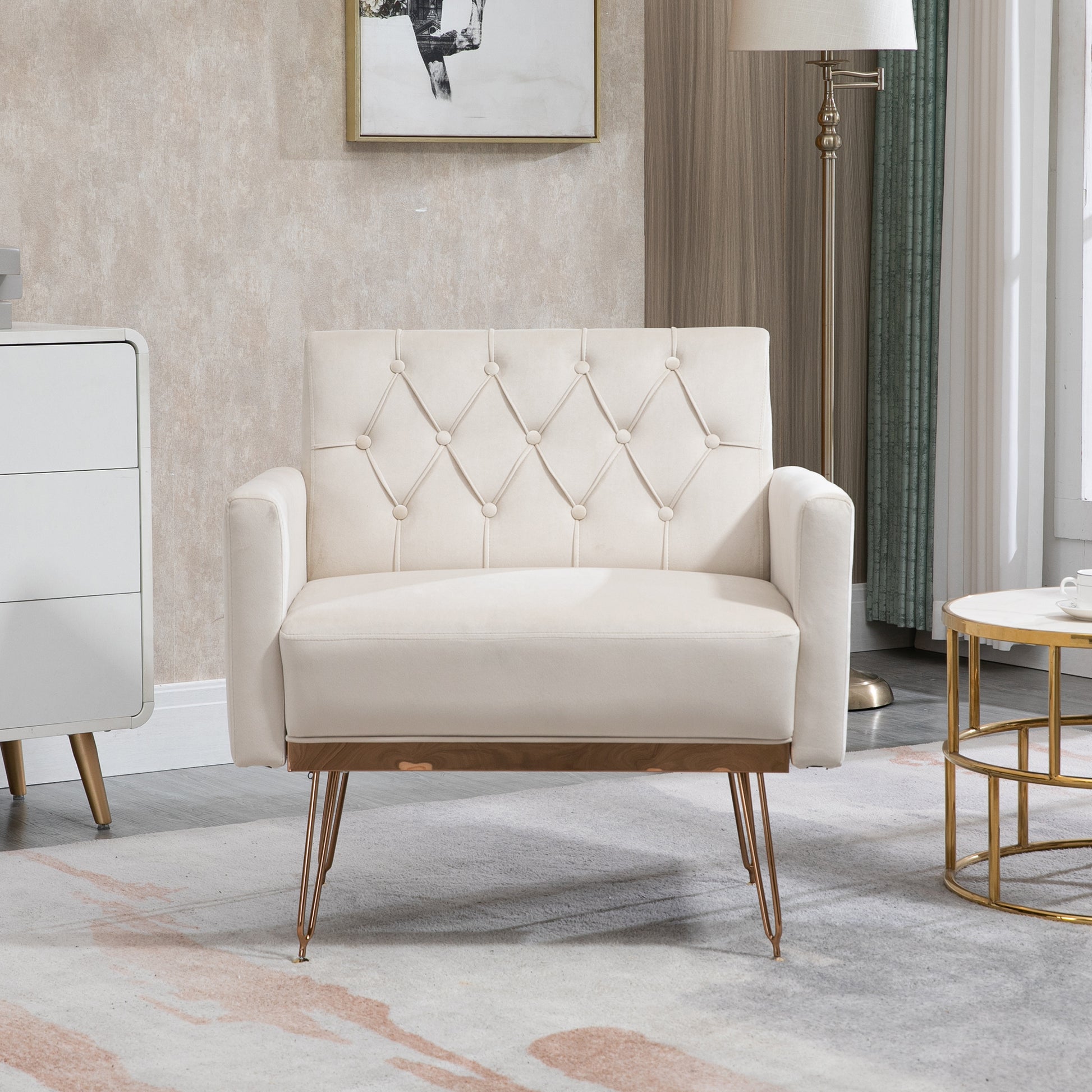 Coolmore Velvet Armchair Single Sofa Modern Tufted Upholstered Side Reading Chairs With Arm And Gold Metal Leg For Living Room Bedroom Beige Beige Foam Velvet