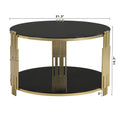 Modern Black Mirror Coffee Table, Asymmetrical Metal, Circular Metal Drum Base, Gold Finish & Lower Shelf Black Tempered Glass