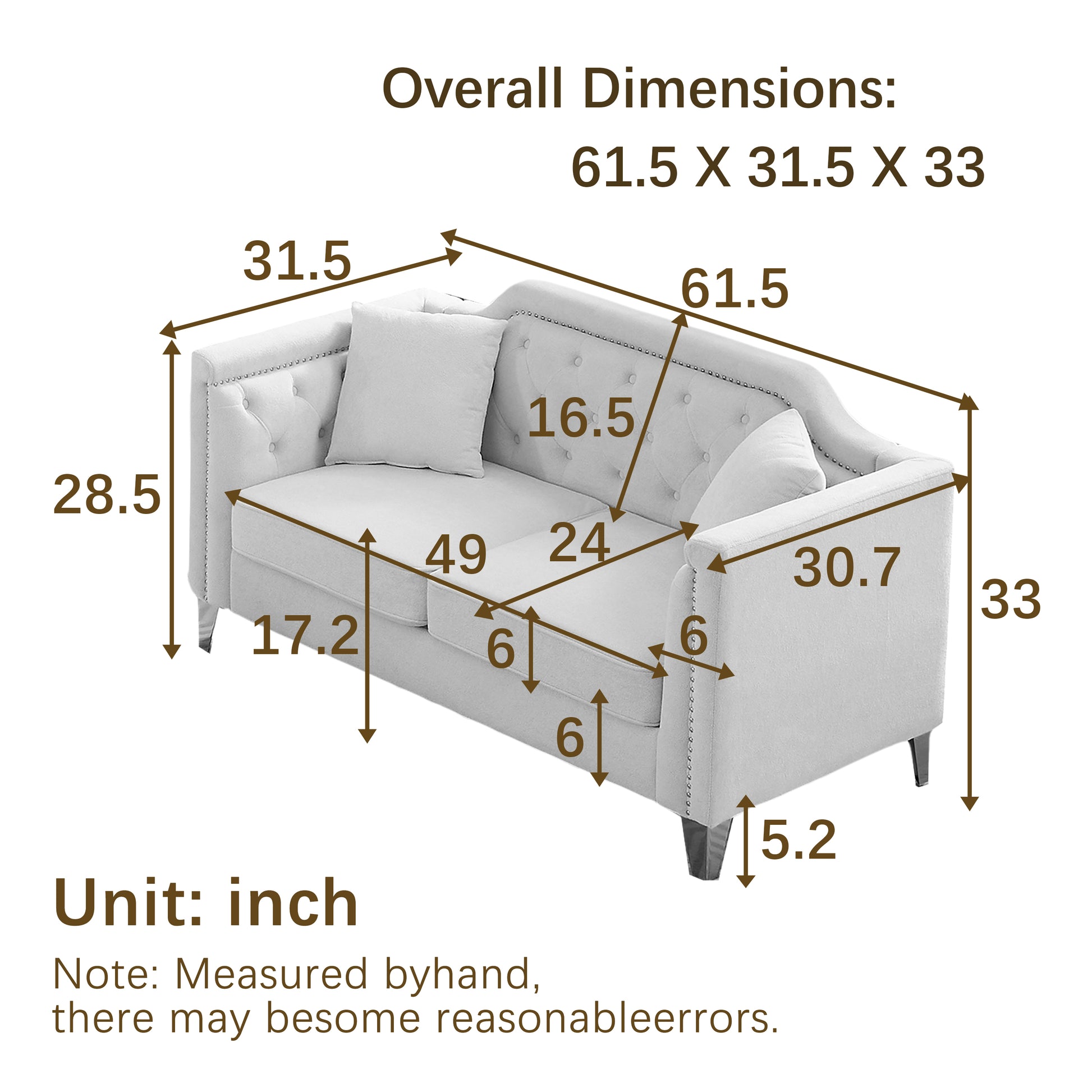 Fx 61.5"Mid Century Design Modern Sofa,Chenille Pull Buckle Design Sofa For Living Room,Buttons Tufted With Copper Nail Decoration Armrest, With 2 Pillows,Modern Couch Upholstered Button And Metal Leg Grey Chenille Wood Pine Foam Fabric 2 Seat