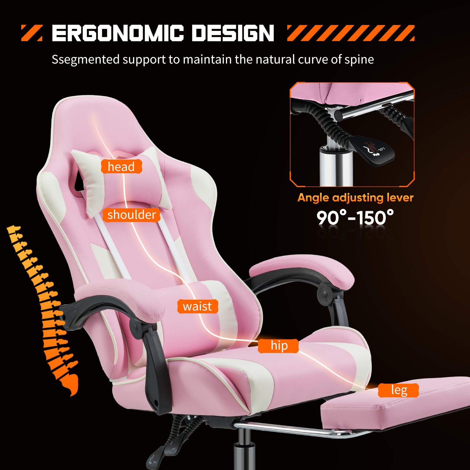 Video Game Desk Chair Ergonomic Computer With Footrest And Comfy Lumbar Support, Pu Leather Recliner With Headrest, Fixed Up Armrest, Height Adjustable With 360 Swivel, For Adults, Pink Pink White Faux Leather