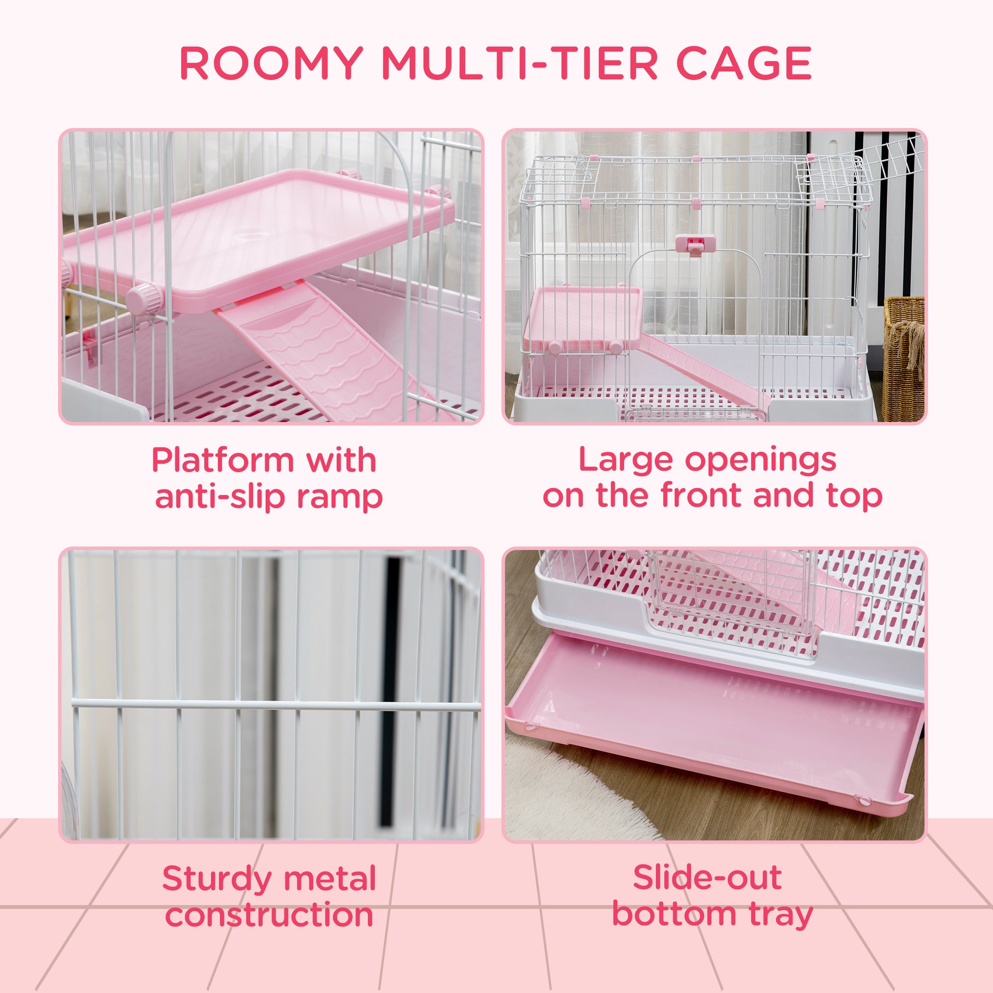 Pawhut 2 Level Small Animal Cage Rabbit Hutch With Wheels, Removable Tray, Platform And Ramp For Bunny, Chinchillas, Ferret, Pink Pink Iron Plastic