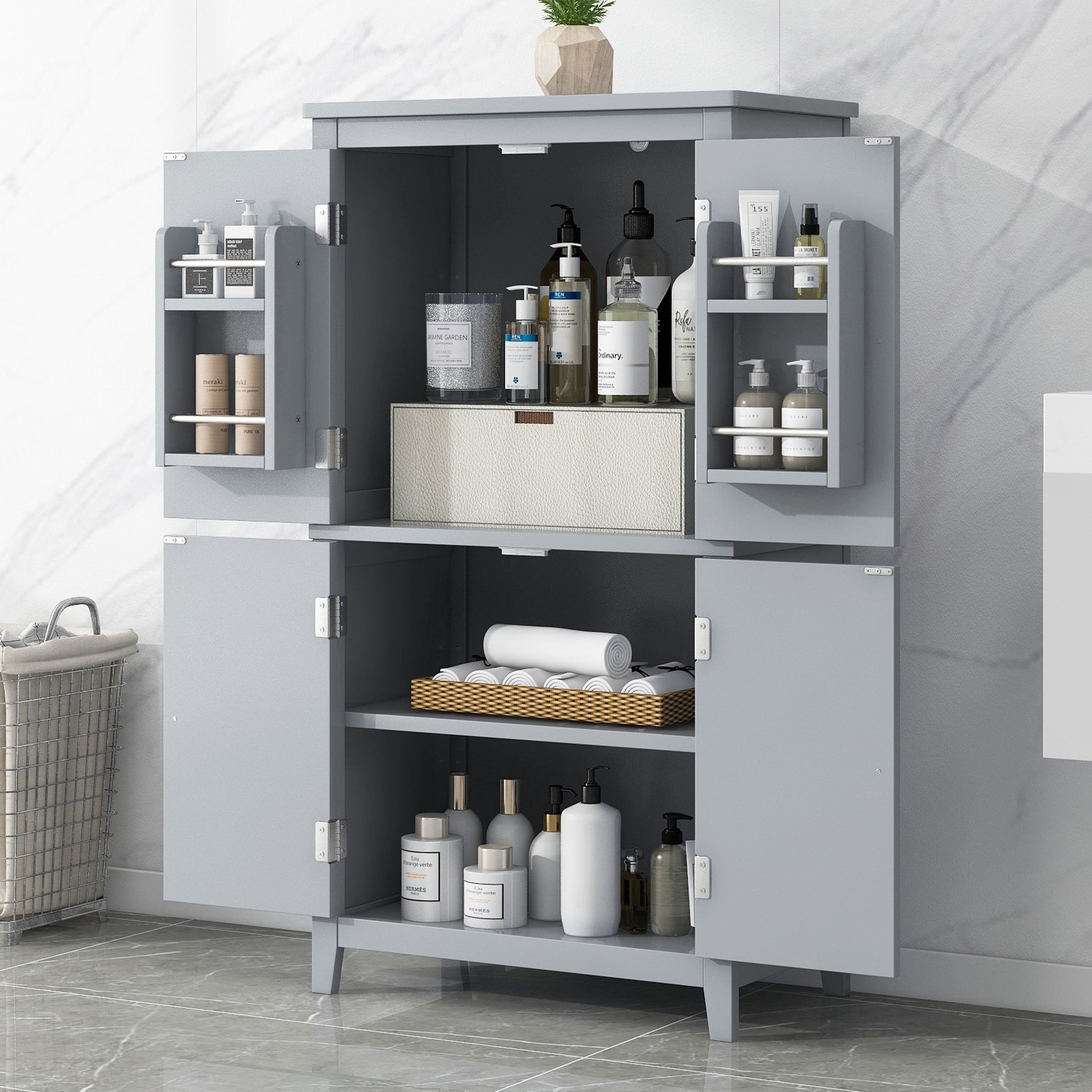 Elegant Bathroom Floor Storage Cabinet, Bathroom Storage Unit, Freestanding Cabinet With 4 Doors, Adjustable Shelves, Adaptable Shelves, Grey Grey Mdf