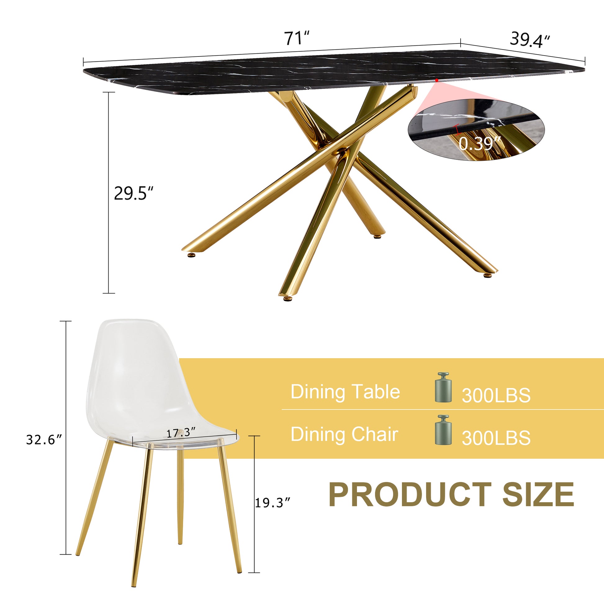 Table And Chair Set.Modern Luxurious Black Marble Patterned Tempered Glass Dining Table Set With Transparent Pp Chairs.8 Transparent High Quality Pp Dining Chairs With Golden Legs. Gold Black Seats