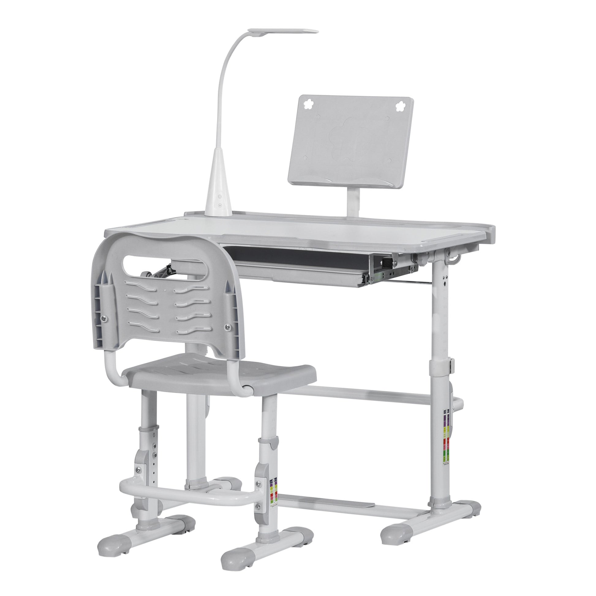 Qaba Kids Desk And Chair Set, Height Adjustable School Study Table And Chair, Student Writing Desk With Tilt Desktop, Led Light, Pen Box, Drawer, Reading Board, Cup Holder, And Pen Slots, Grey Grey