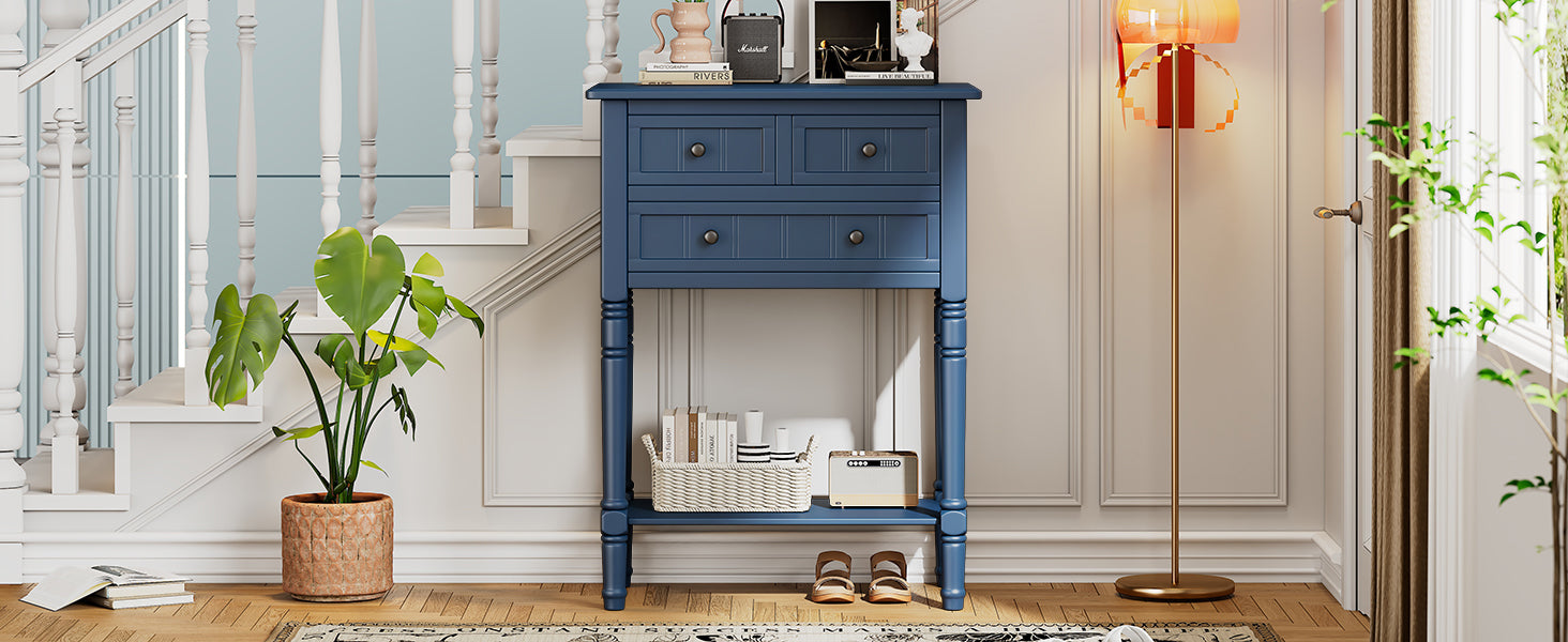 Narrow Console Table, Slim Sofa Table With Three Storage Drawers And Bottom Shelf Navy Navy Solid Wood Mdf