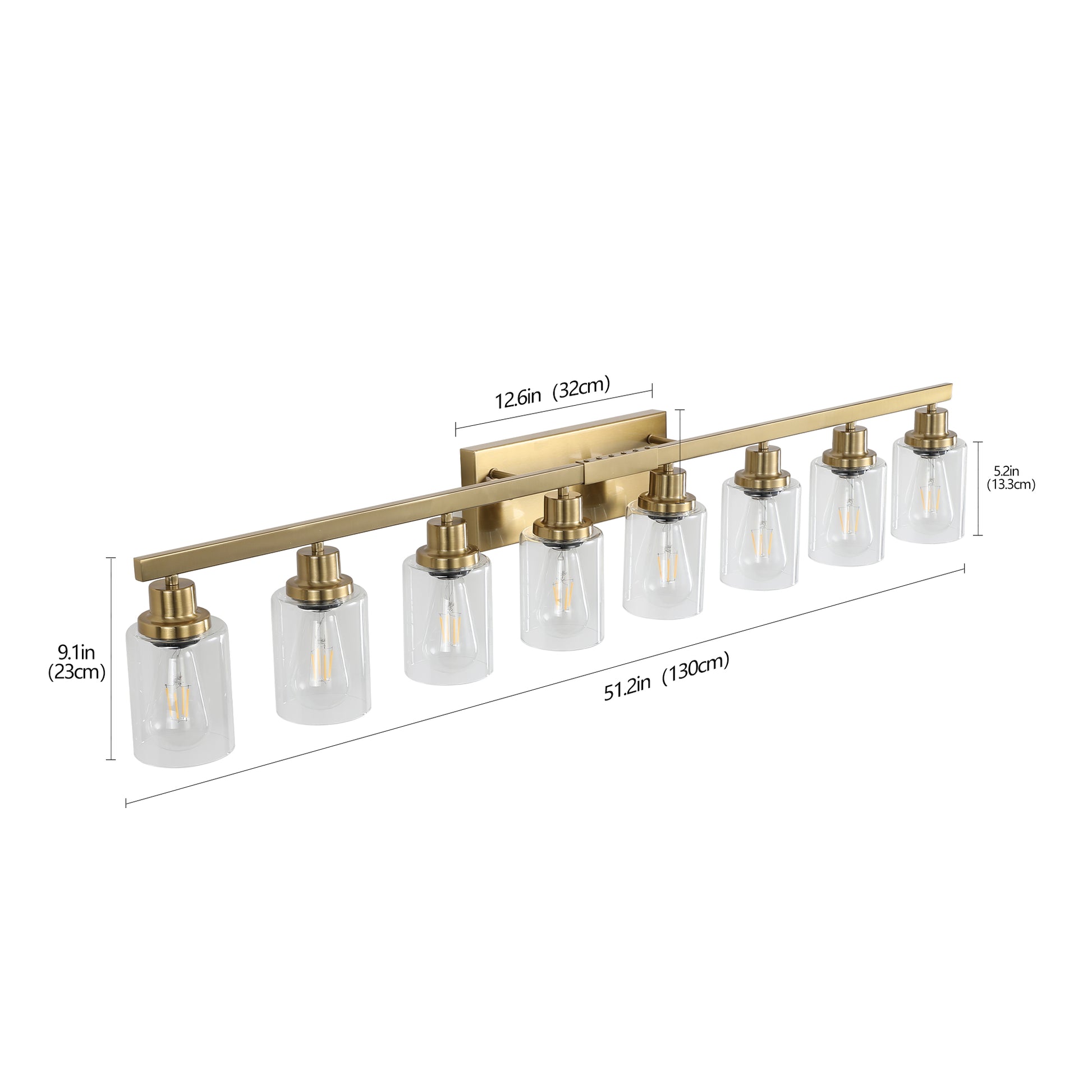 Golden 8 Light Vanity Light With Clear Glass Shades, Modern Iron Metal Bathroom Wall Fixture For Mirror, Ideal For Bathroom And Dressing Table No Bulbs Golden Glass Iron