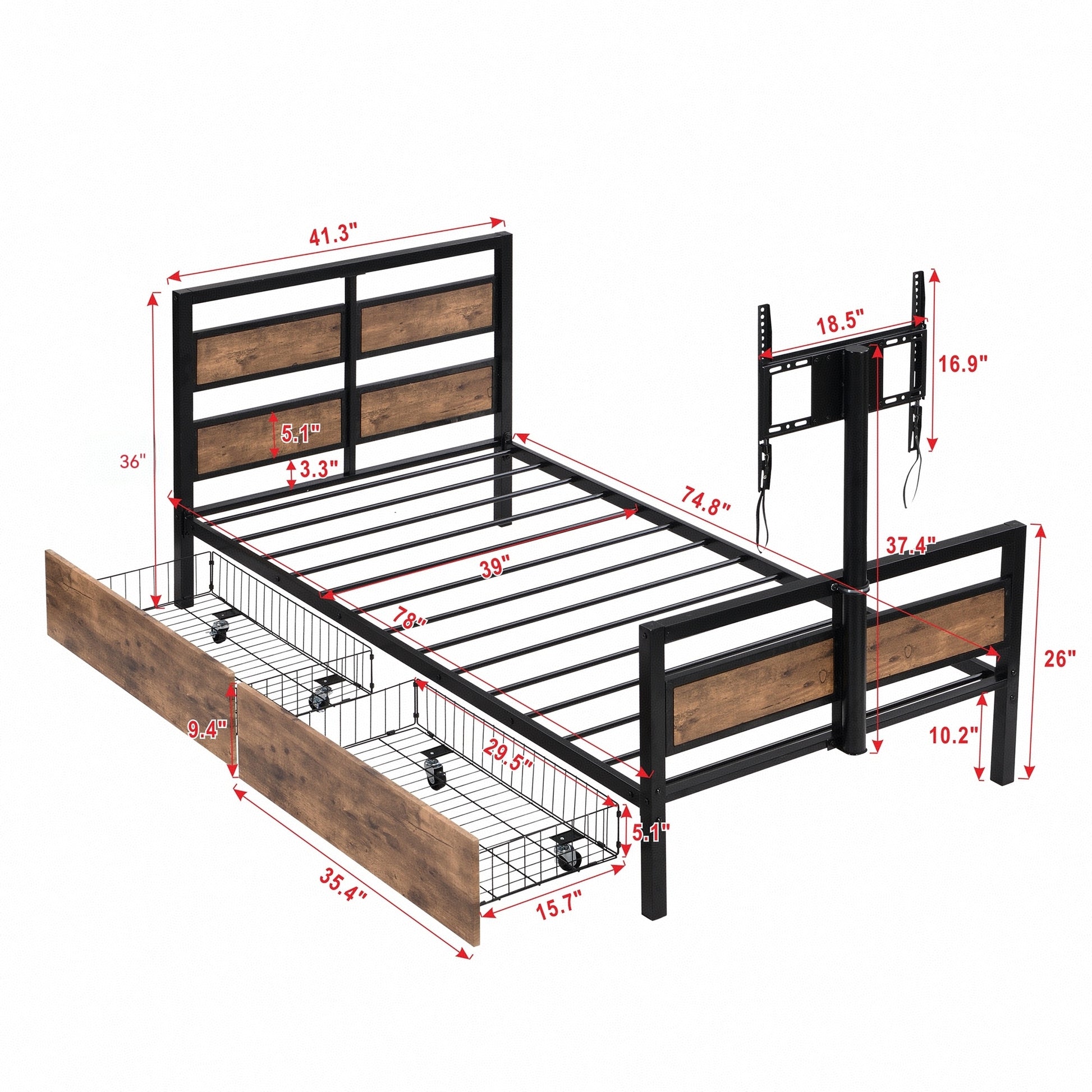 Twin Size Metal Platform Bed With Mdf Headboard And Footboard,Two Storage Drawers And Rotatable Tv Stand,Black Twin Black Metal