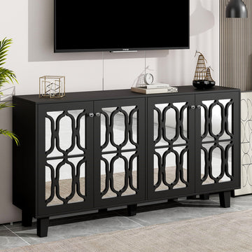 Buffet Cabinet With Adjustable Shelves, 4 Door Mirror Hollow Carved Tv Stand For Tvs Up To 70'', Multi Functional Console Table With Storage Credenza Accent Cabinet For Living Room, Black 3 4 Spaces Black Primary Living Space Adjustable Shelves Mdf