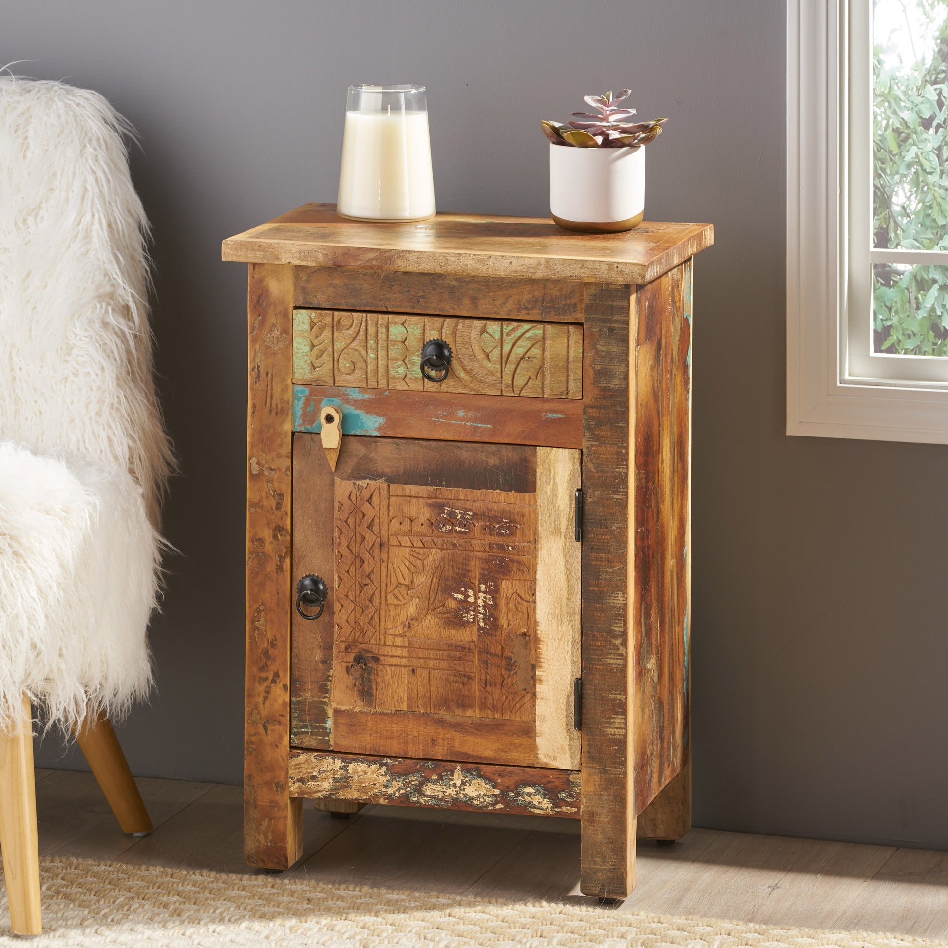 Carved Side Table Natural Wood