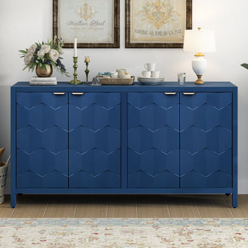 Luxurious Four Door Sideboard With Honeycomb Patterned Doors, Offering Large Storage For Study,Entrance And Living Room Navy Blue Primary Living Space American Design Mdf
