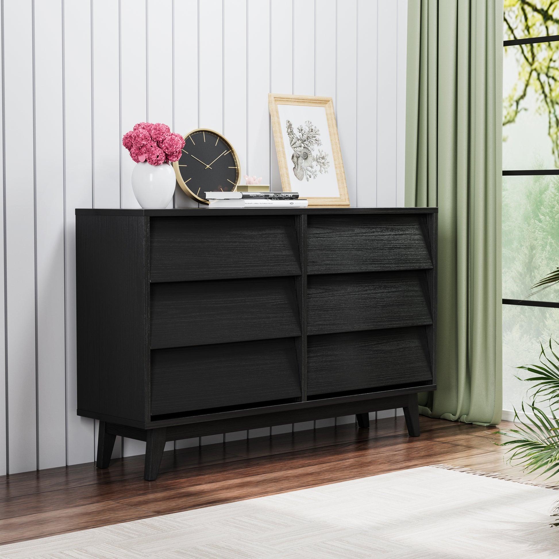 6 Drawer Double Dresser Features Vintage Style And Bevel Design Black 6 Drawer Double Dresser Features Vintage Style And Bevel Design Black