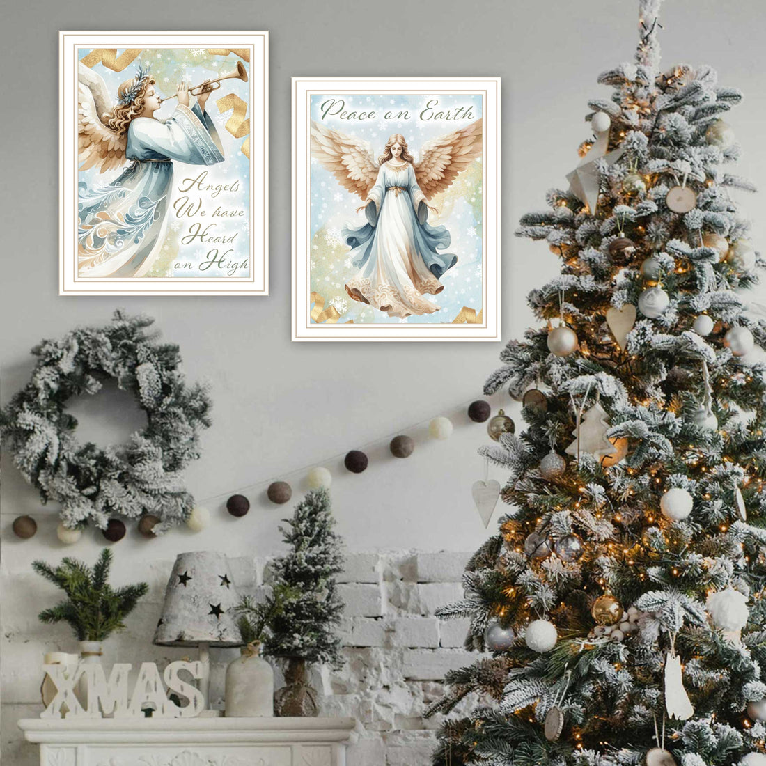 2 Piece Vignette Angels We Have Heard On High White Framed Wall Art For Living Room, Holiday Wall Art Print For Home Decor, Bedroom Wall Art By Nicole Decamp Multicolor Wood Paper