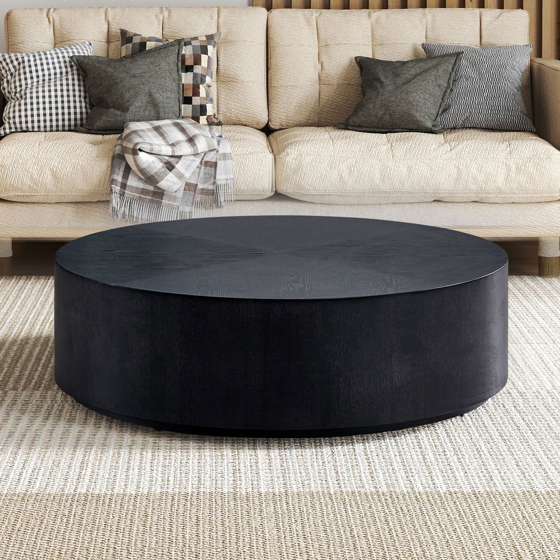 35.43 Inch Modern Round Coffee Table Mdf Coffee Table For Living Room,Drum Center Table For Apartment,No Need Assembly,Black Black Mdf