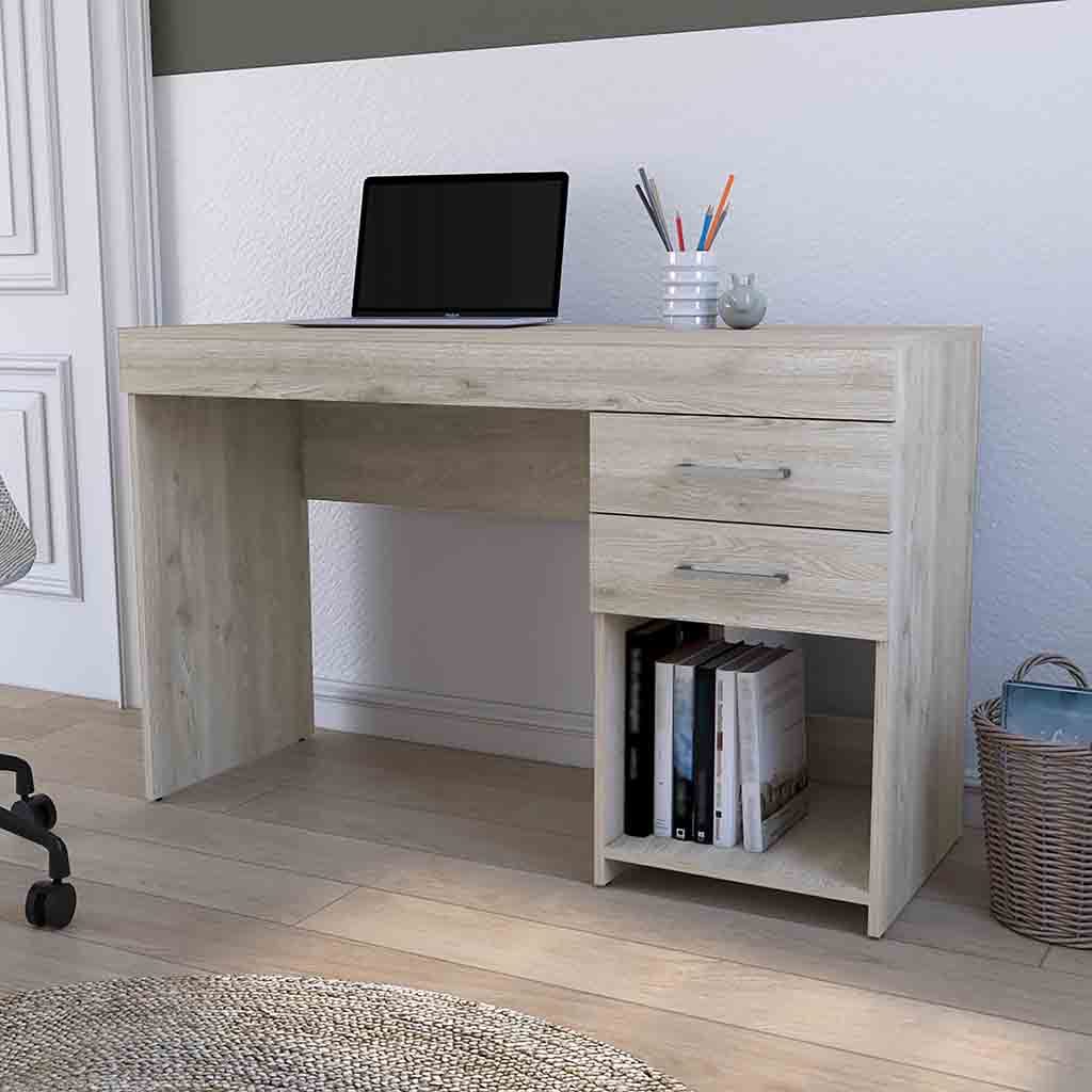 Austin Writing Computer Desk, Two Drawers, One Cabinet Gray Computer Desk Office Contemporary Floor Mount Rectangular Drawers Computer Tables Rectangular Melamine Engineered Wood