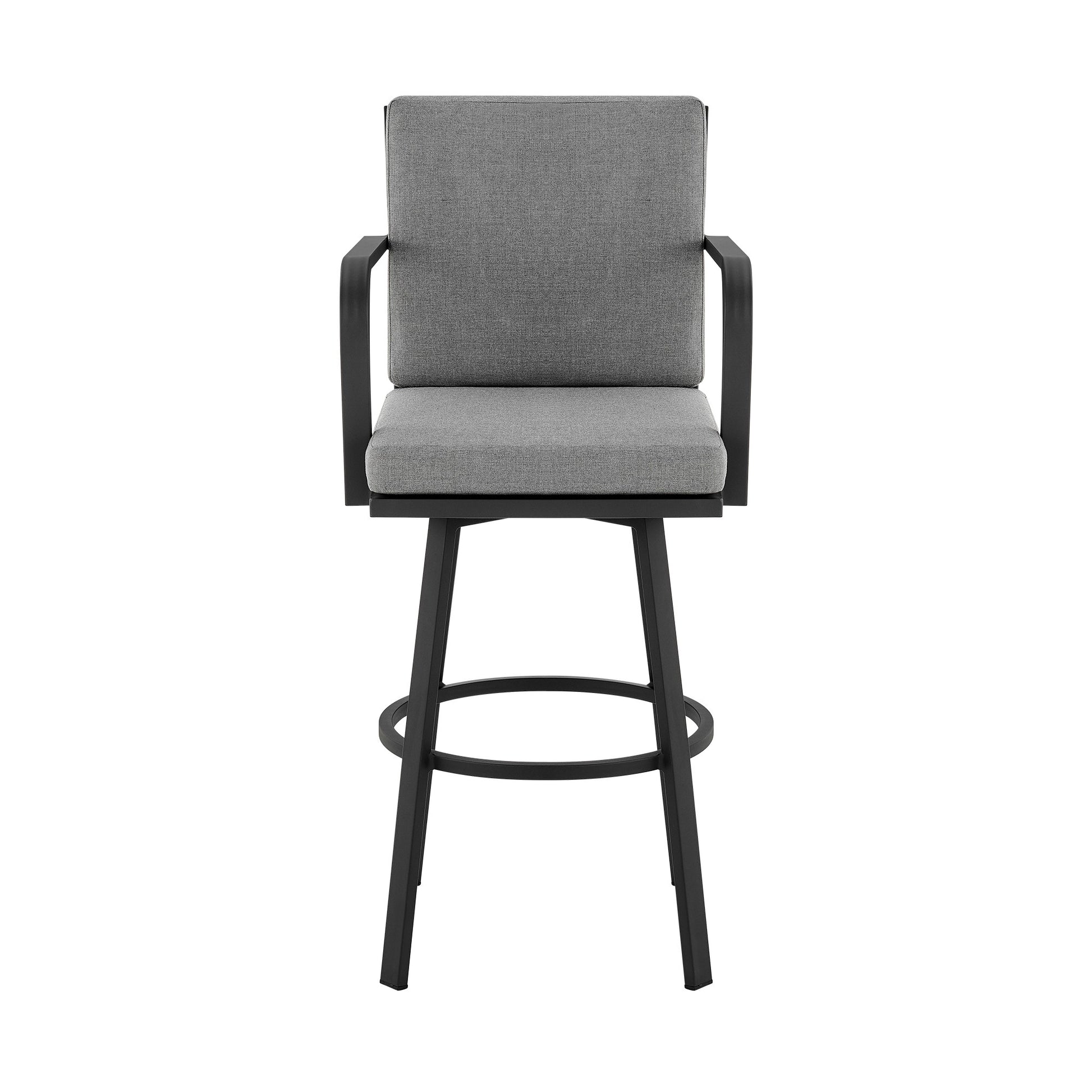 Faye 30 Inch Modern Patio Barstool, Black Aluminum Frame, Gray Cushions Grey Black Aluminum