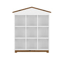 House Shaped Storage Rack With Nine Storage Compartments, Three Layer Bookshelf With Colorblock Design, White Brown Brown White Particle Board